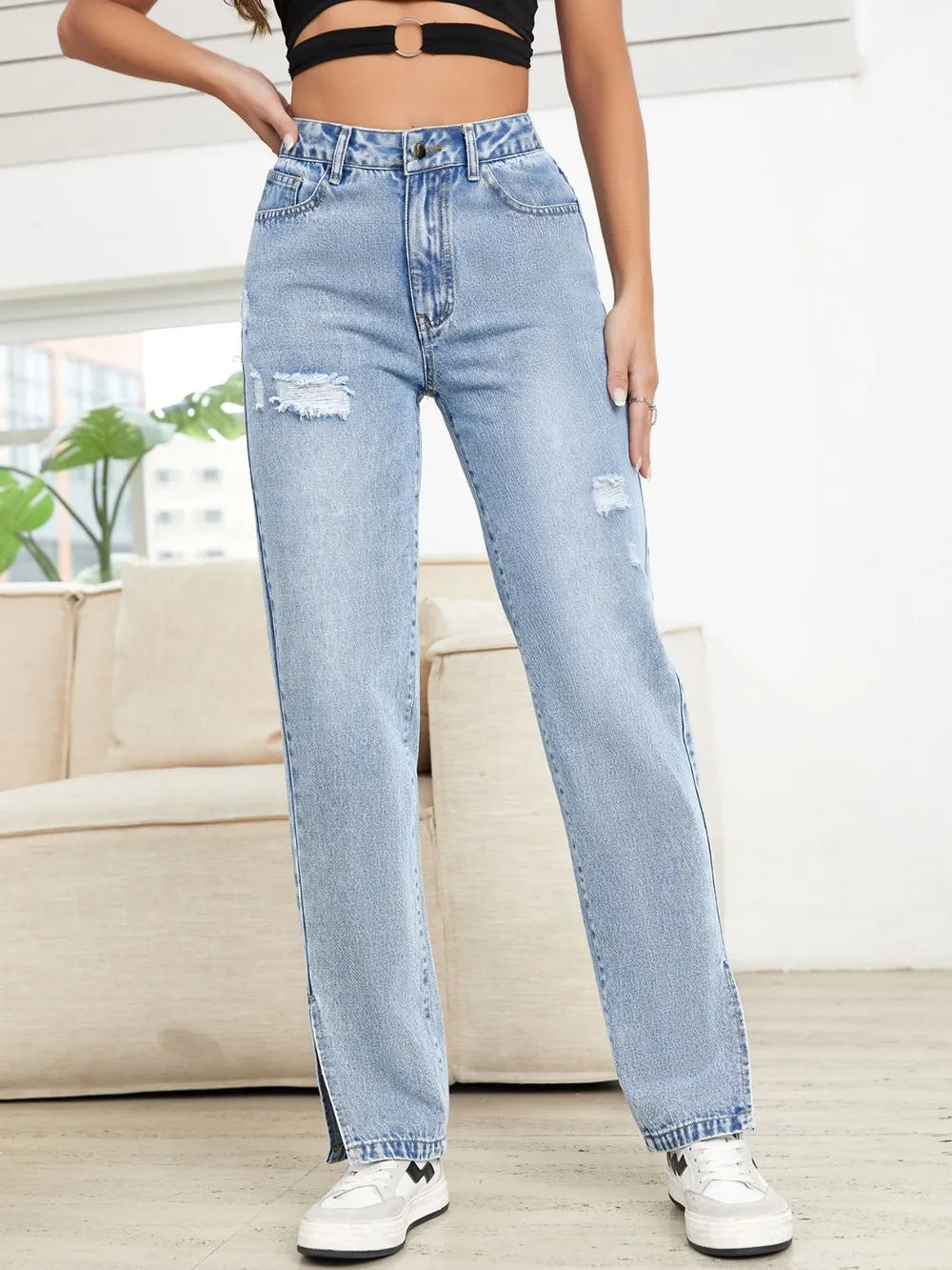 Distressed Slit Straight Leg Jeans - Roe Creation