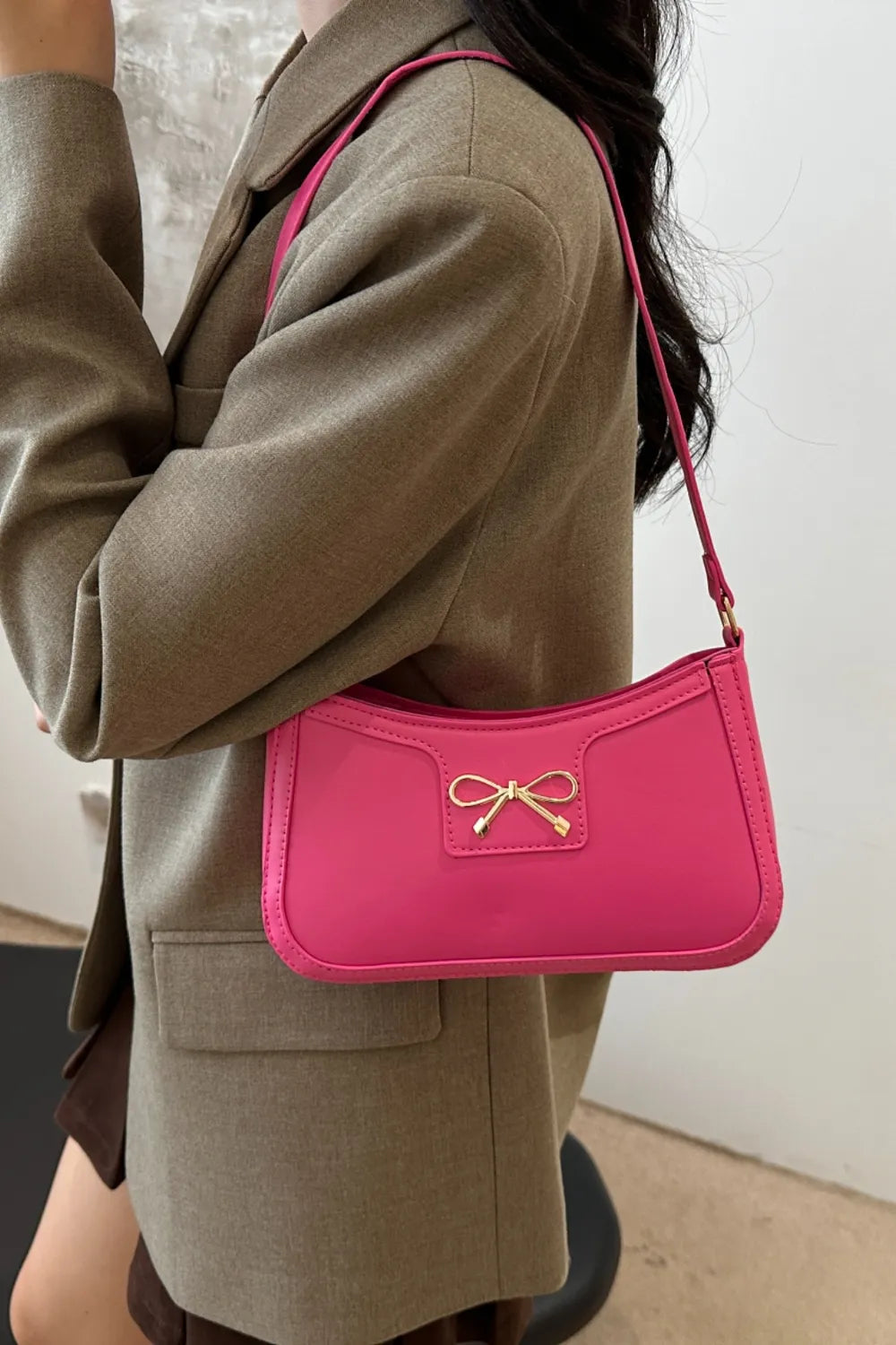 Bow Trim PU Leather Shoulder Bag - Roe Creation