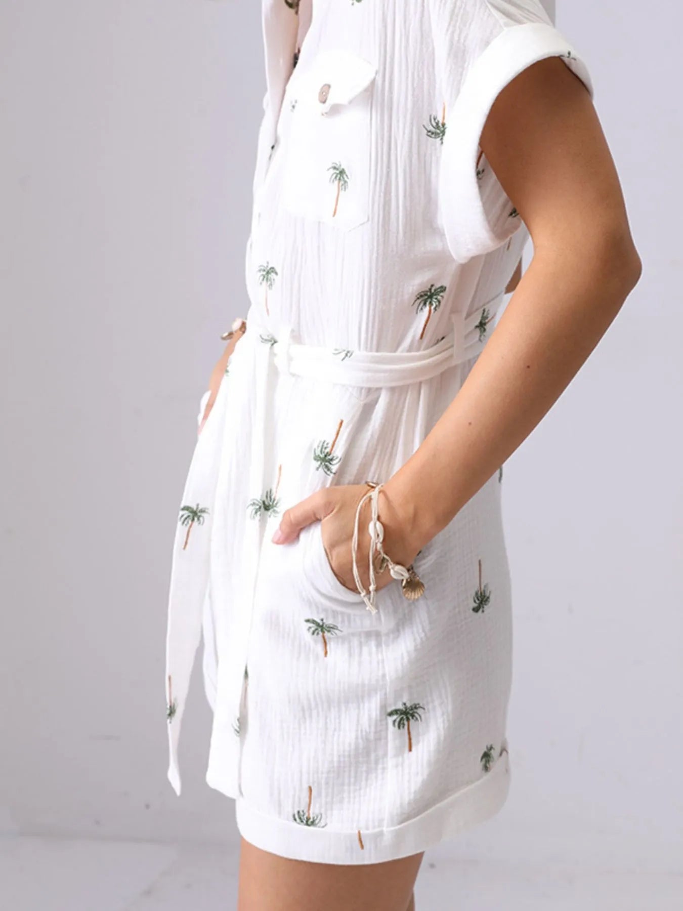 Palm Tree Print Short Sleeve Button-Up Romper with Belt - Roe Creation