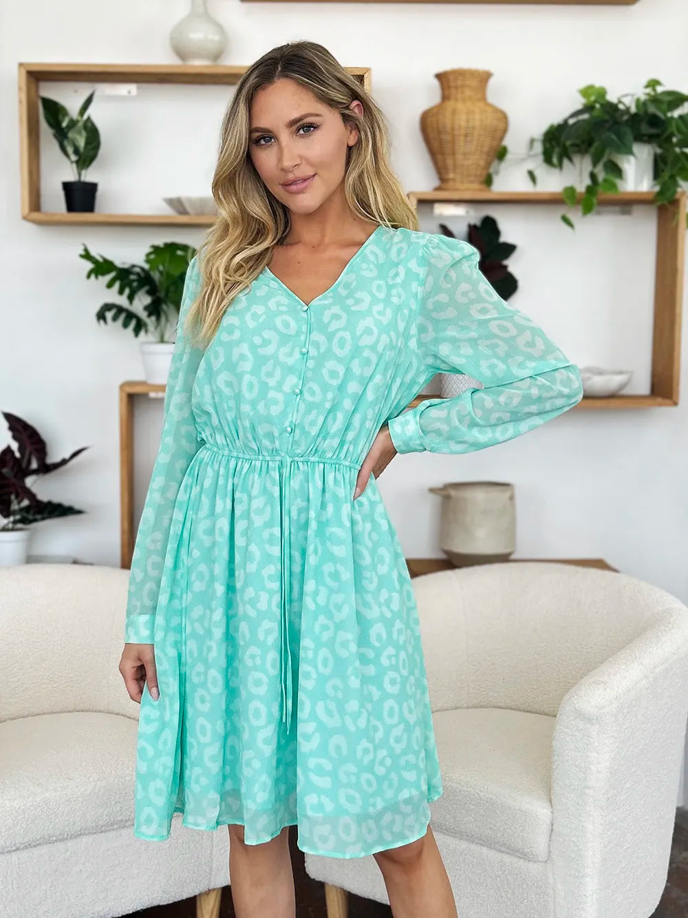 Double Take Full Size Printed Ruched V-Neck Long Sleeve Dress - Roe Creation