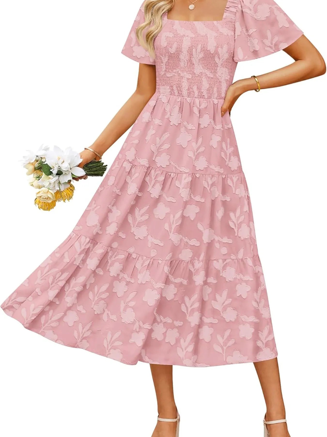 Smocked Square Neck Short Sleeve Dress - Roe Creation