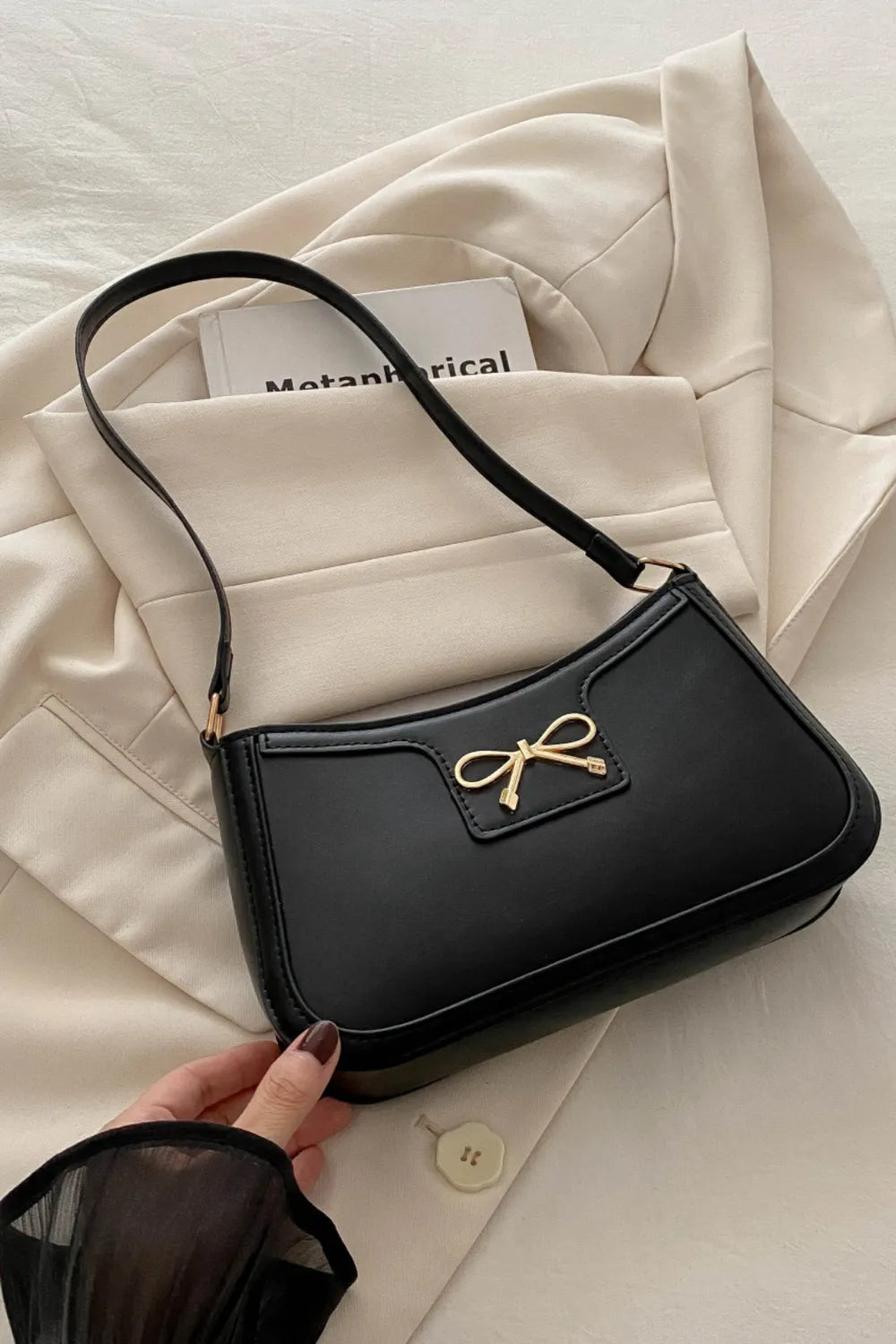 Bow Trim PU Leather Shoulder Bag - Roe Creation