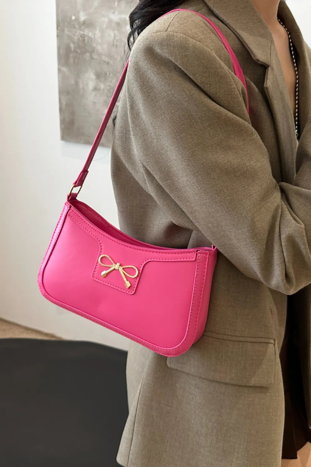 Bow Trim PU Leather Shoulder Bag - Roe Creation