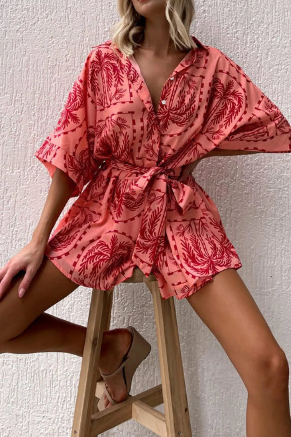 Printed Tie Waist Romper - Roe Creation