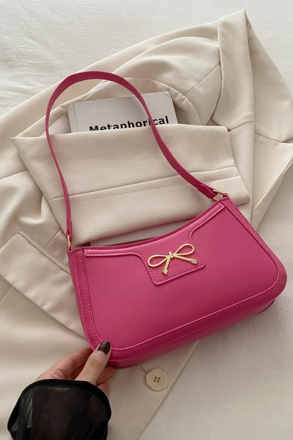 Bow Trim PU Leather Shoulder Bag - Roe Creation