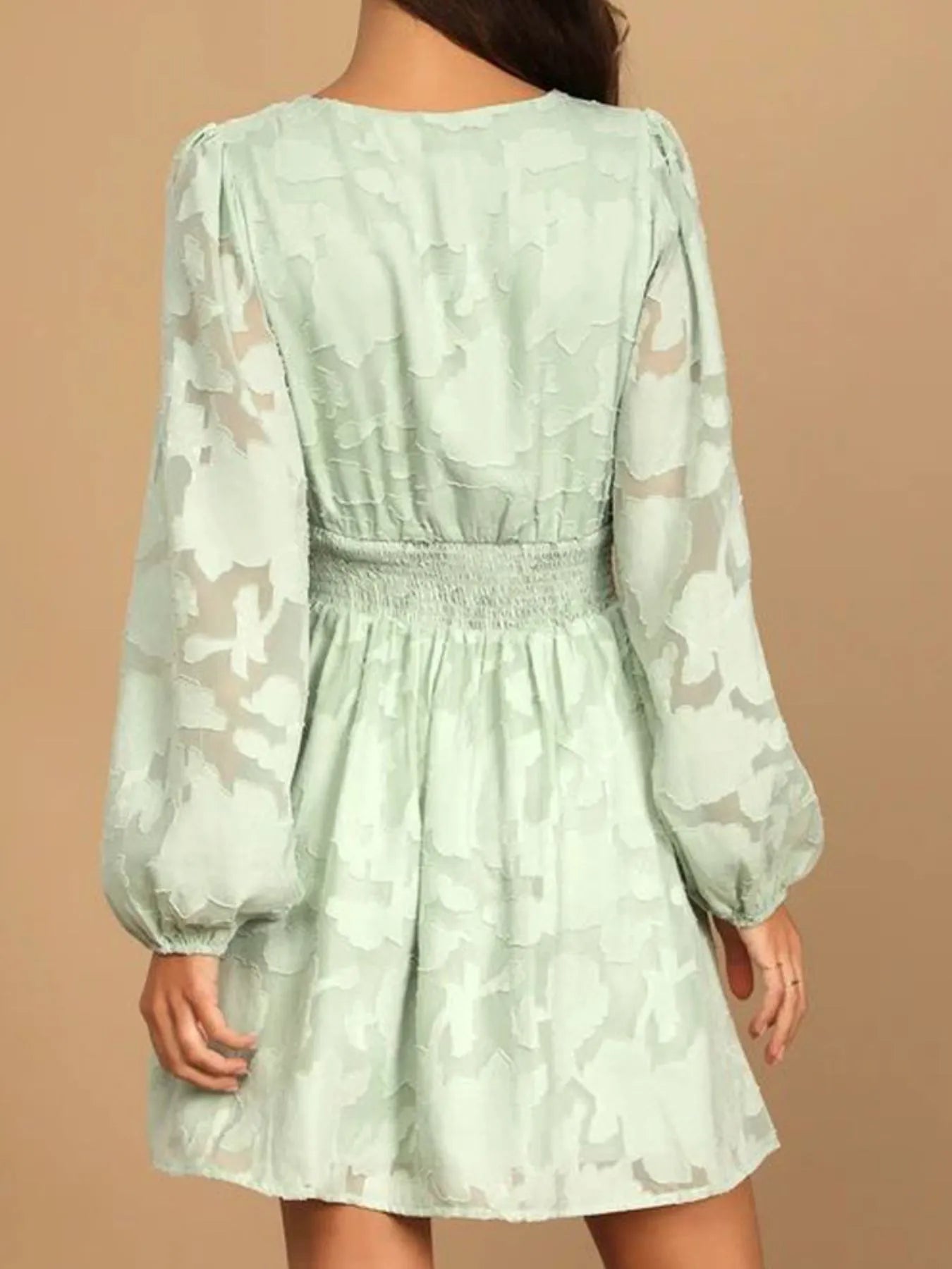 Smocked V-Neck Balloon Sleeve Dress - Roe Creation