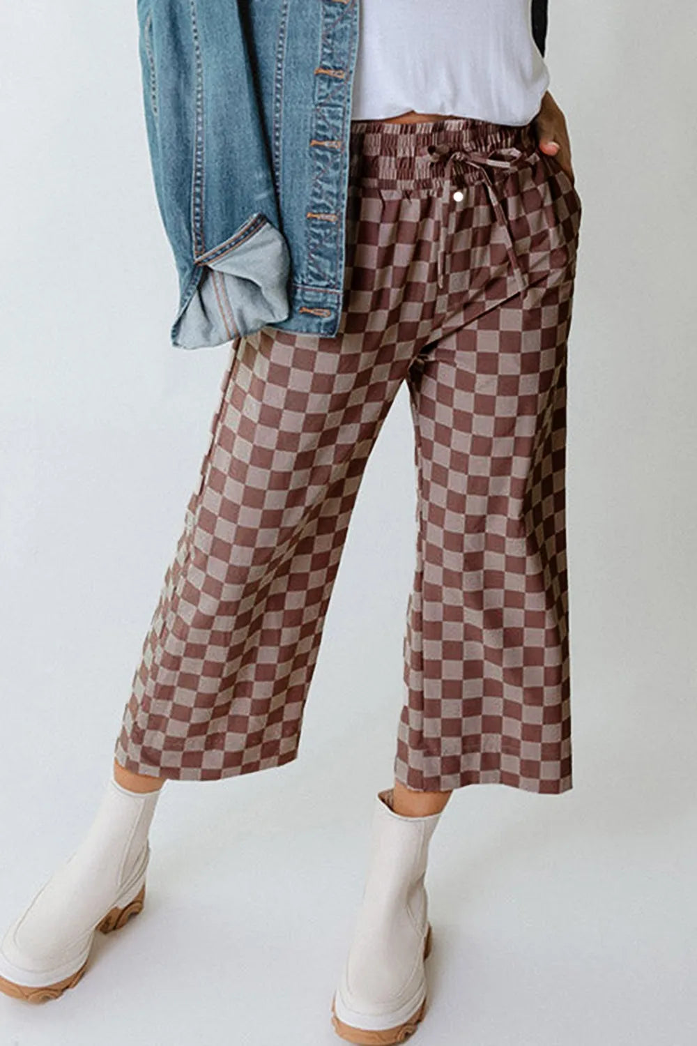 Checkered Elastic High Waist Loose Casual Pants - Roe Creation