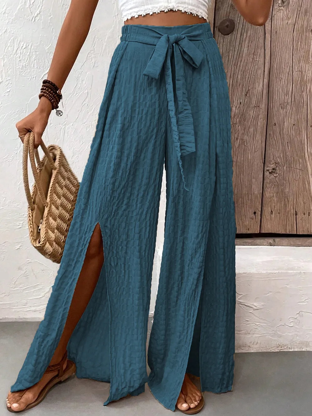 Honey Tied Slit Wide Leg Pants - Roe Creation
