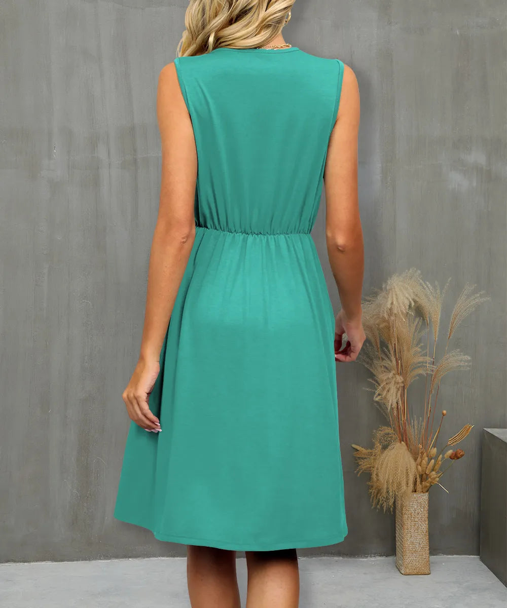 V-Neck Sleeveless Midi Dress with Lace Trim - Roe Creation