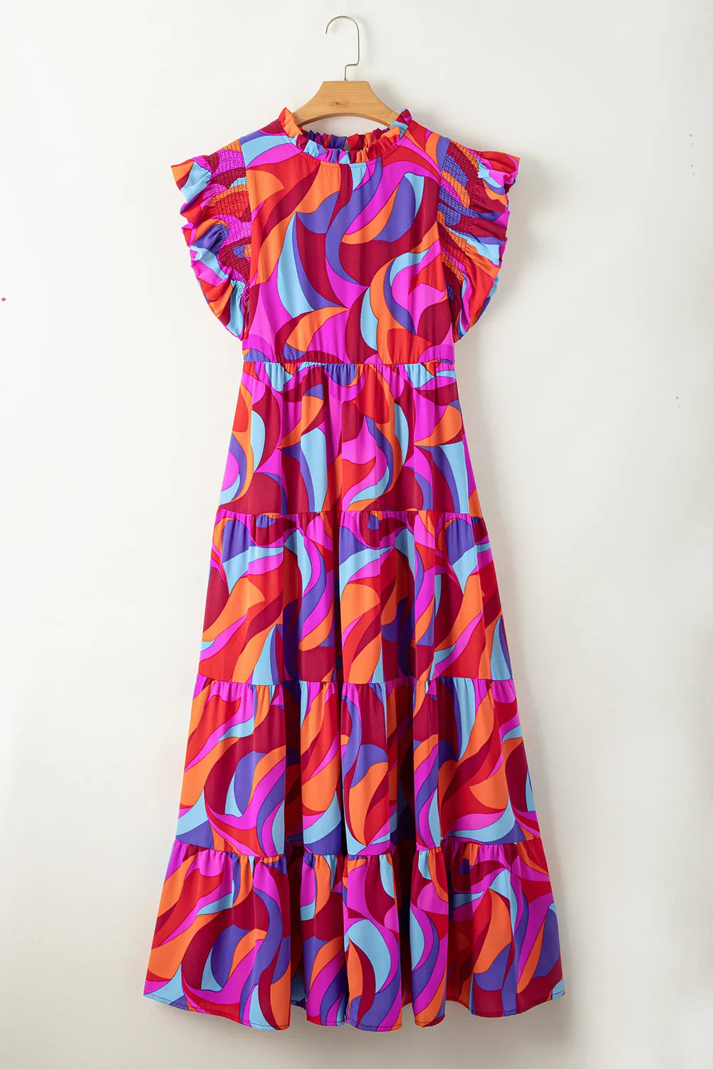Full Size Printed Ruffled Mock Neck Tiered Dress - Roe Creation