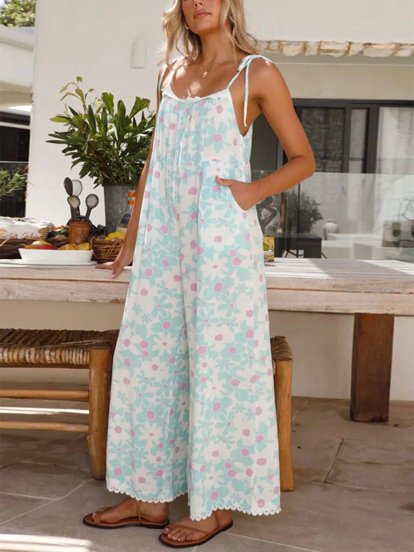 Floral Spaghetti Strap Wide Leg Jumpsuit - Roe Creation
