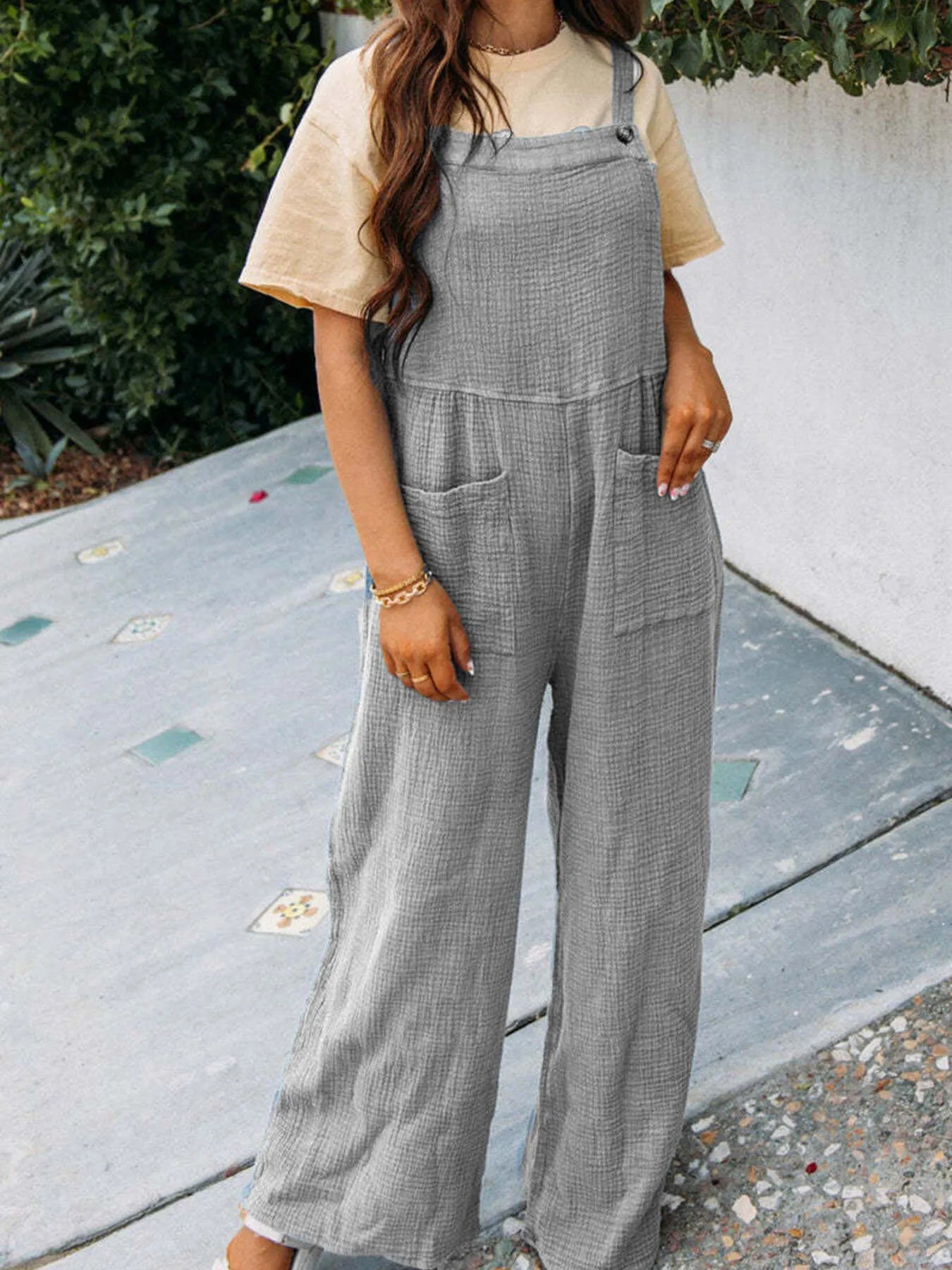 Full Size Casual Wide Leg Textured Overalls Plus Size - Roe Creation
