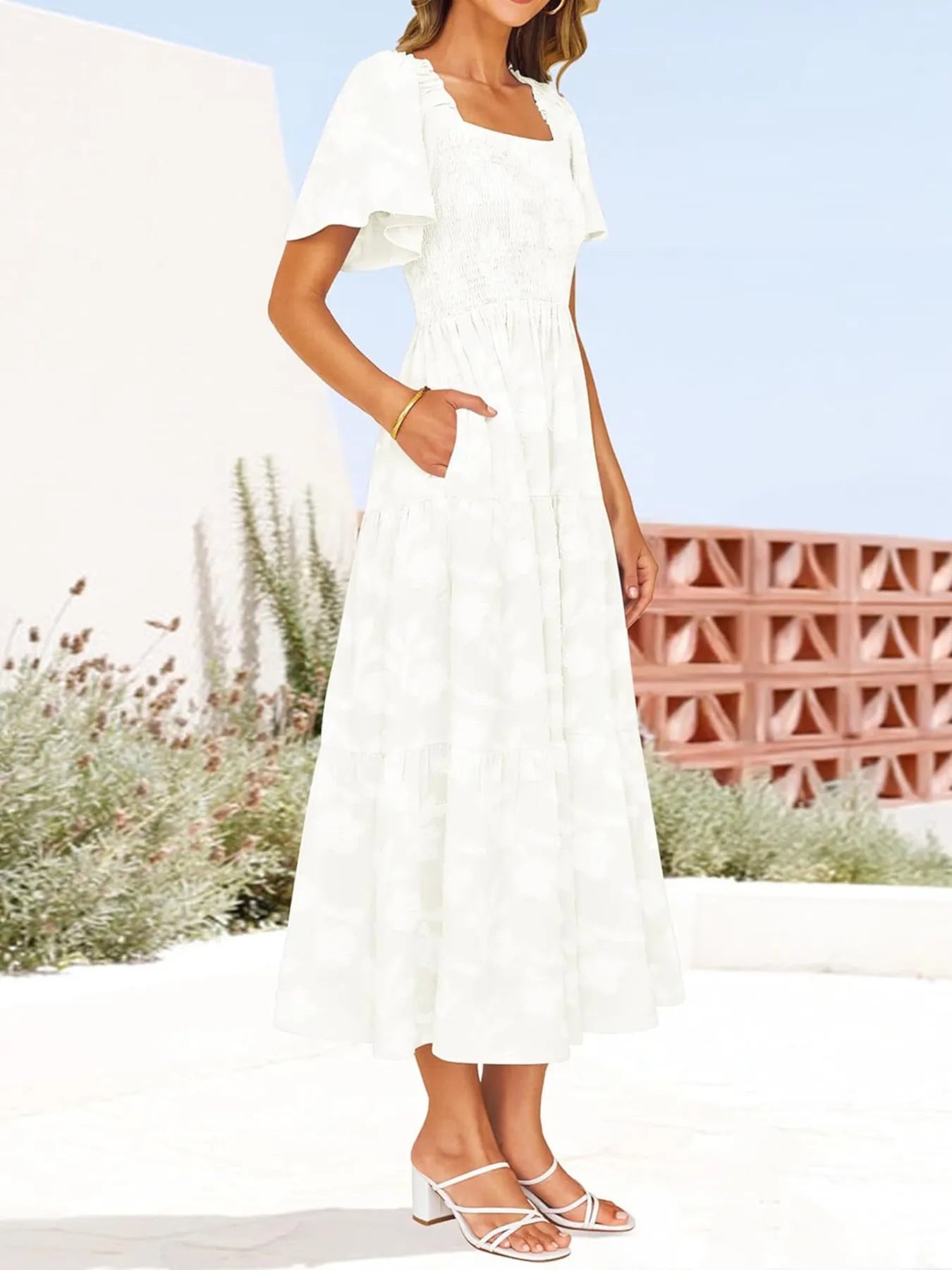 Smocked Square Neck Short Sleeve Dress - Roe Creation