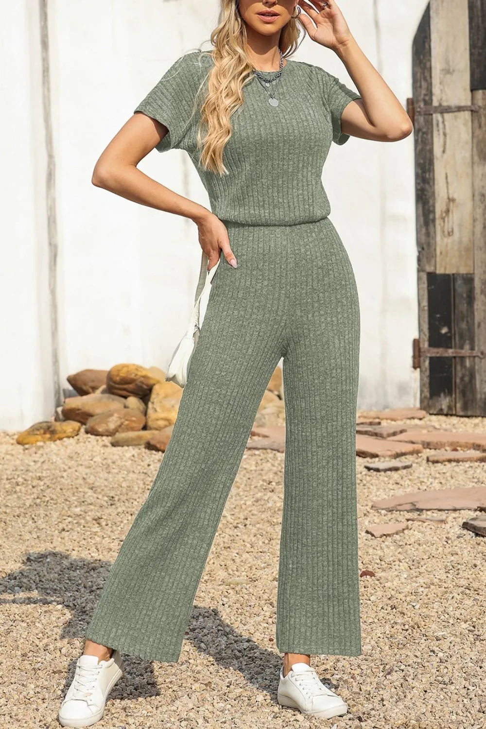 Ribbed Short Sleeve Wide Leg Jumpsuit - Roe Creation