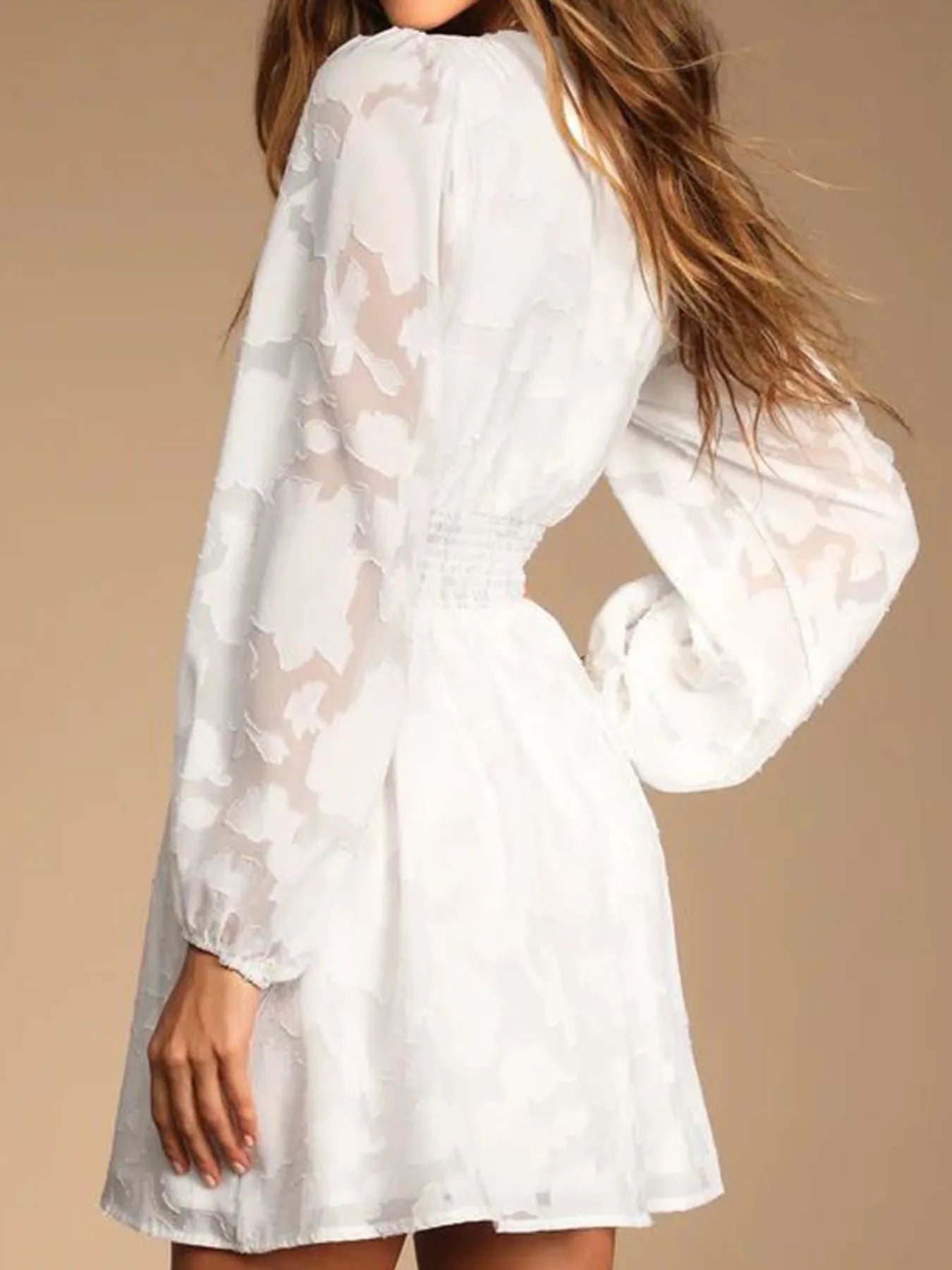 Smocked V-Neck Balloon Sleeve Dress - Roe Creation