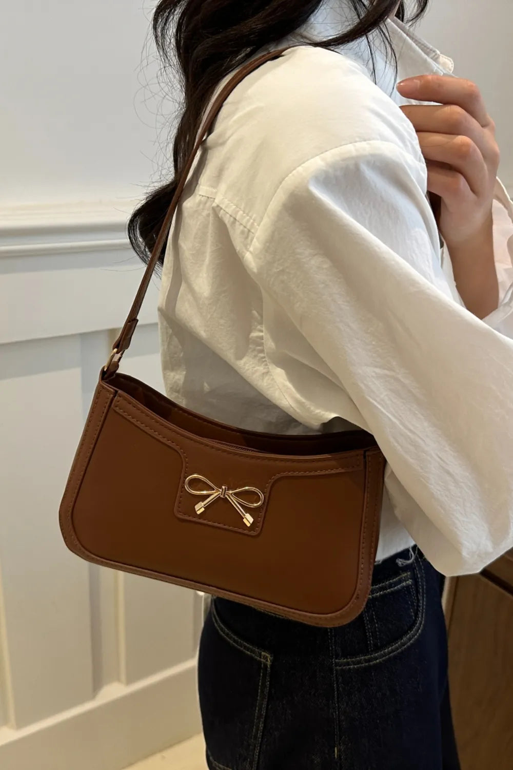 Bow Trim PU Leather Shoulder Bag - Roe Creation