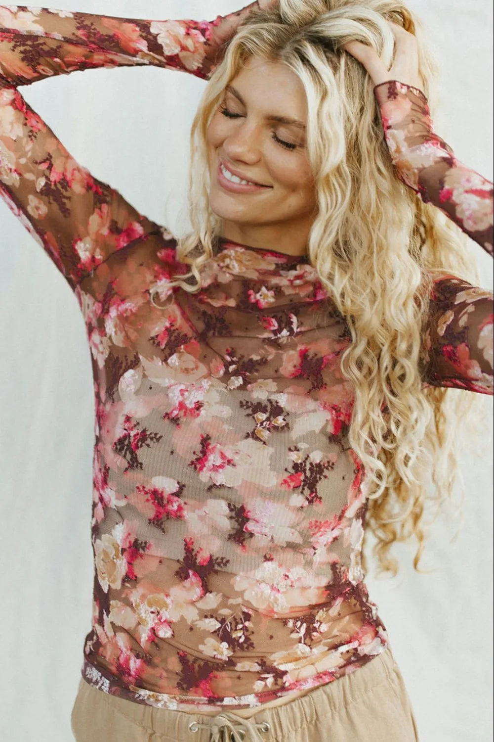 Floral Mock Neck Long Sleeve Sheer Top - Roe Creation