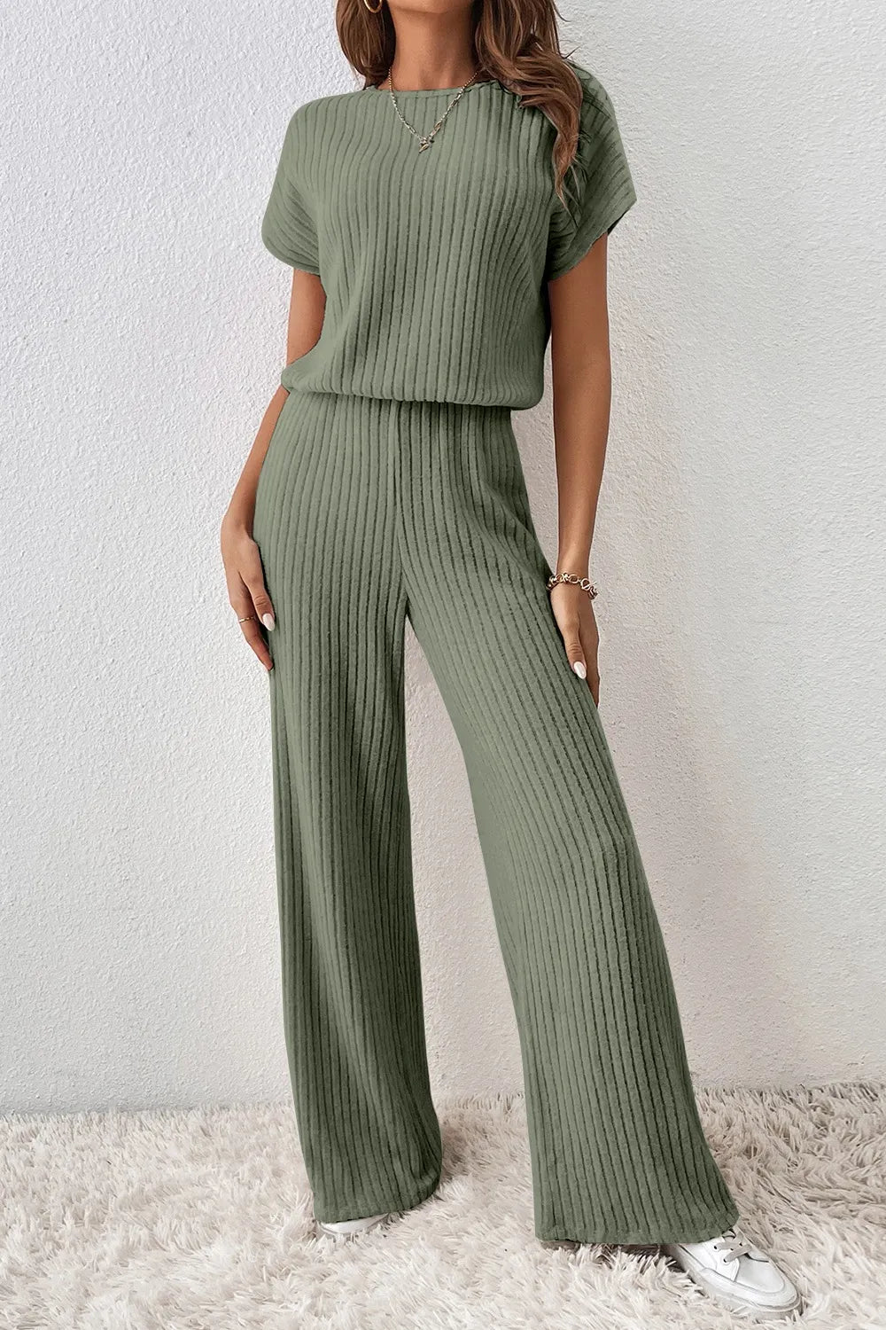 Ribbed Short Sleeve Wide Leg Jumpsuit - Roe Creation