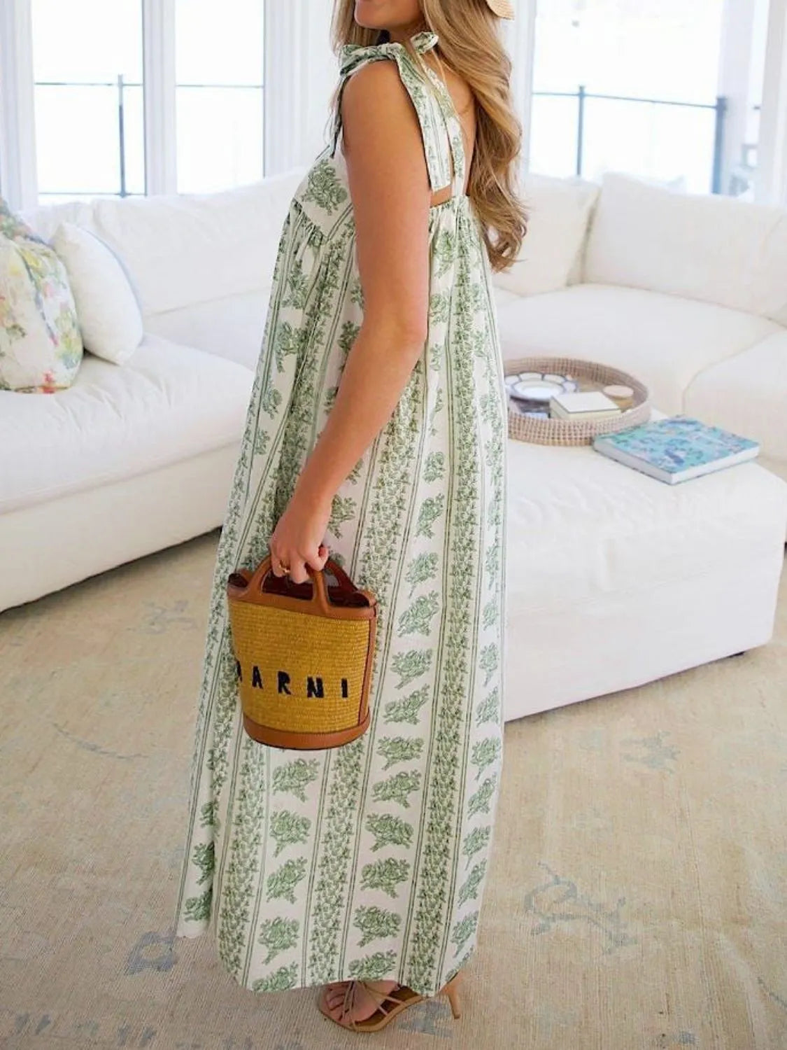 Boho Printed Tie Shoulder Midi Dress – Square Neck Summer Look - Roe Creation
