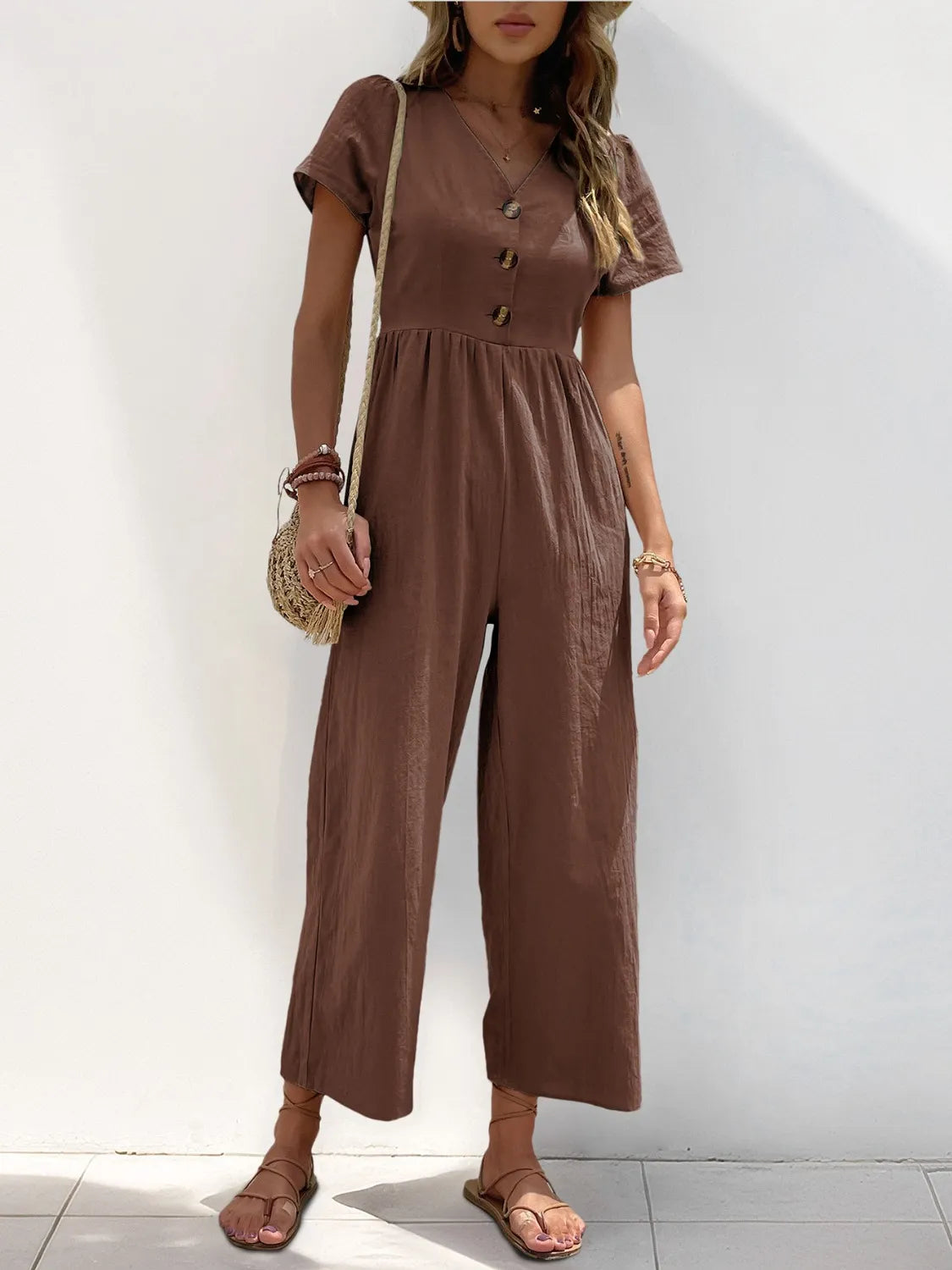 V-Neck Short Sleeve Wide Leg Jumpsuit - Roe Creation