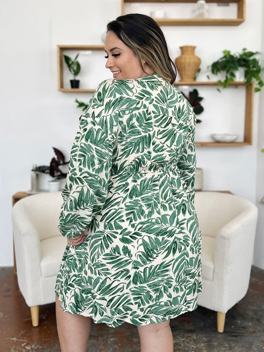 Double Take Full Size Printed Ruched Balloon Sleeve Dress - Roe Creation