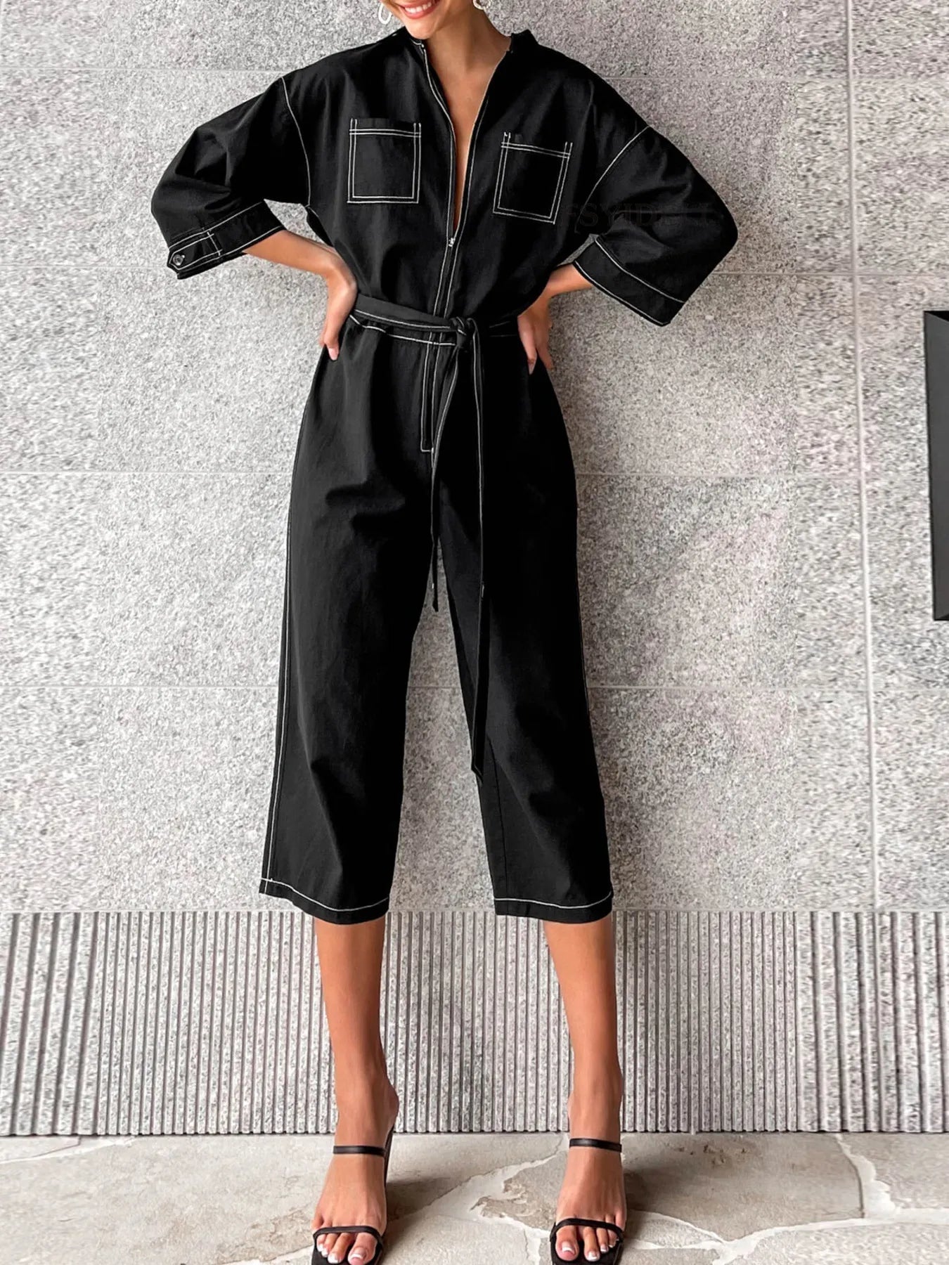 Tie Waist Wide Leg Jumpsuit - Roe Creation