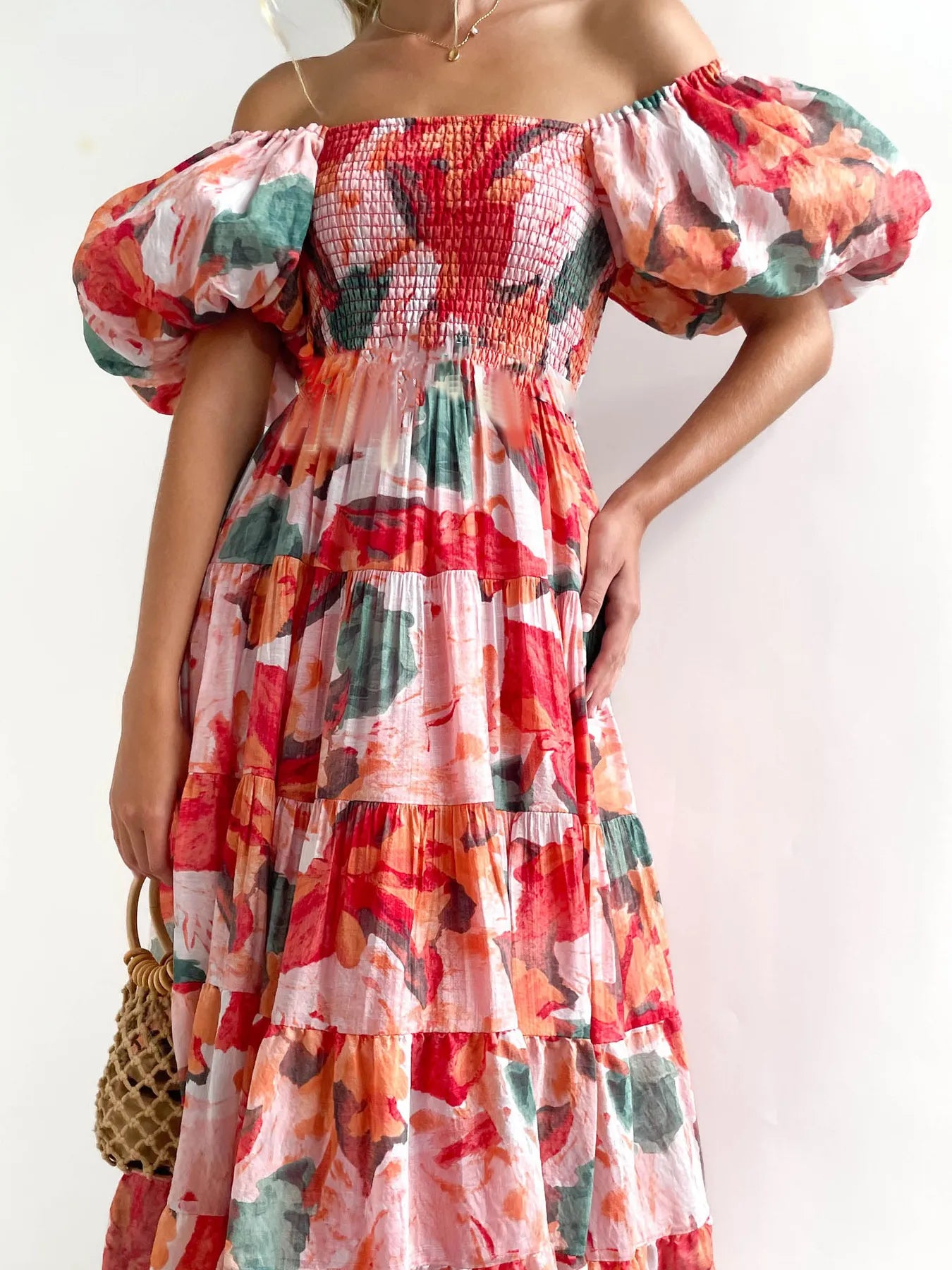 Floral Smocked Puff Sleeve Tiered Dress - Roe Creation