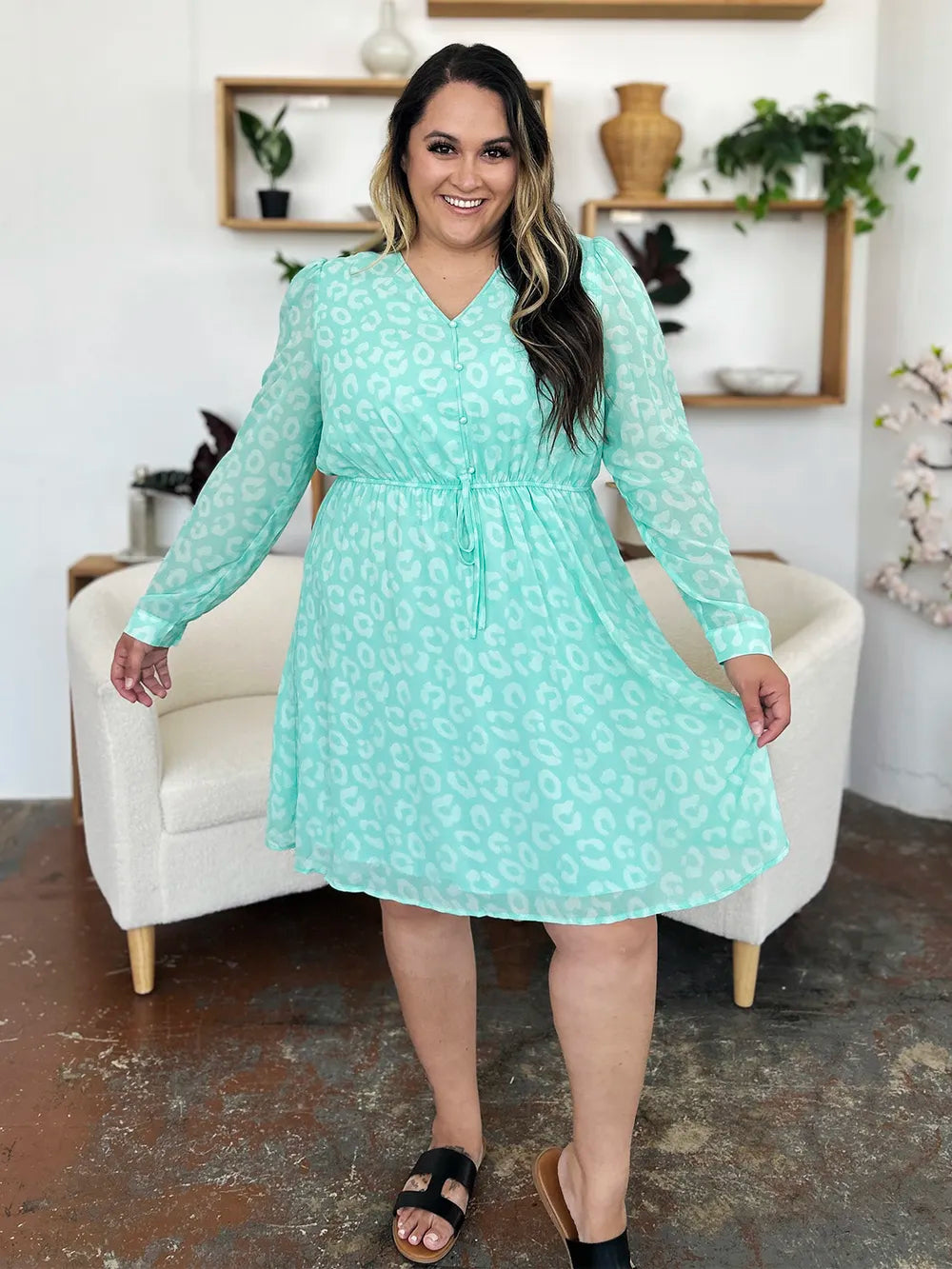 Double Take Full Size Printed Ruched V-Neck Long Sleeve Dress - Roe Creation
