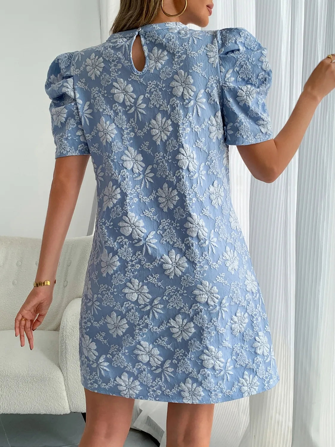 Round Neck Puff Short Sleeve Mini Dress - Roe Creation