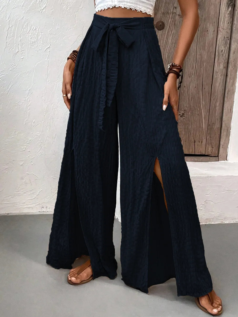 Honey Tied Slit Wide Leg Pants - Roe Creation