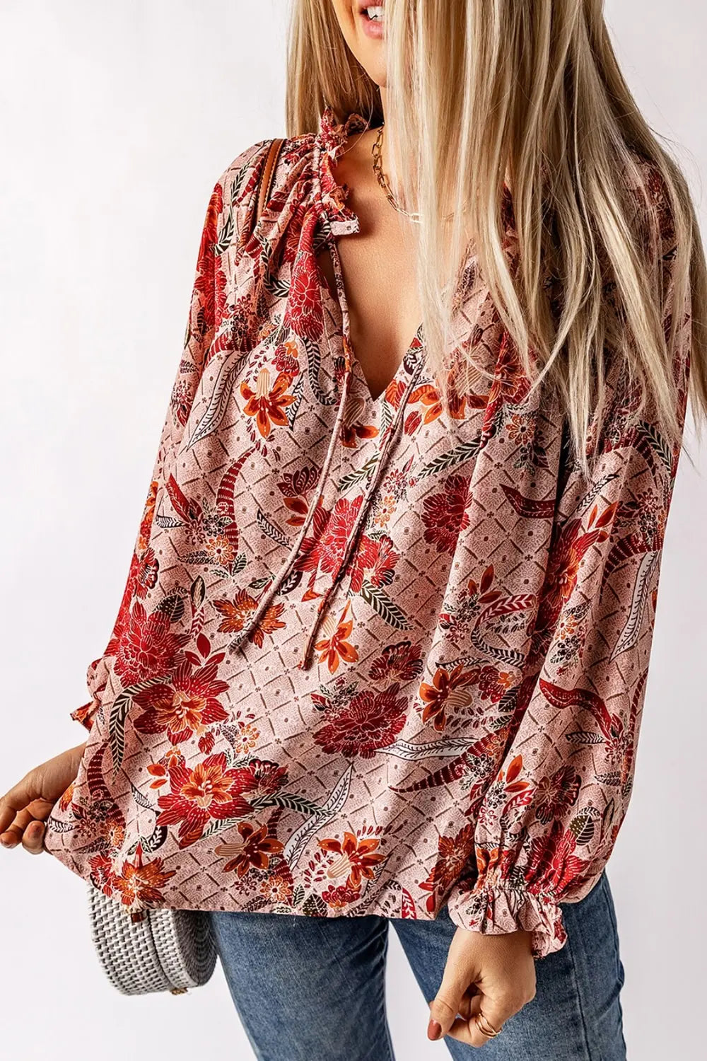 Women’s Floral Tie Neck Blouse with Flounce Sleeves – Elegant Spring Top - Roe Creation