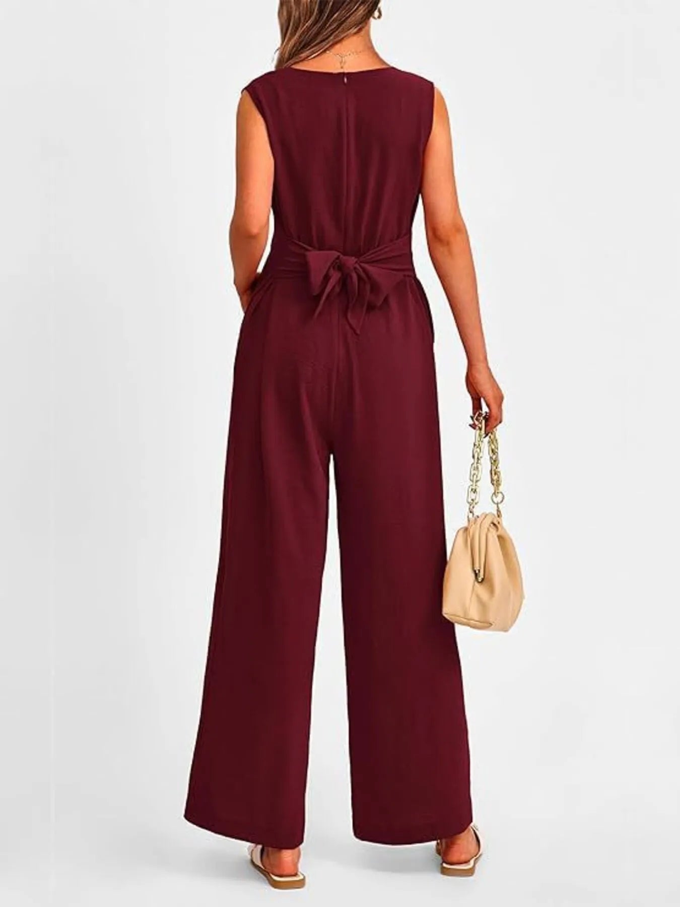 V-Neck Sleeveless Wide-Leg Jumpsuit with Waist Tie - Roe Creation