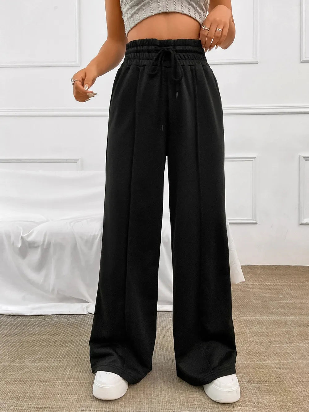 Honey Drawstring Elastic Waist Wide Leg Pants - Roe Creation