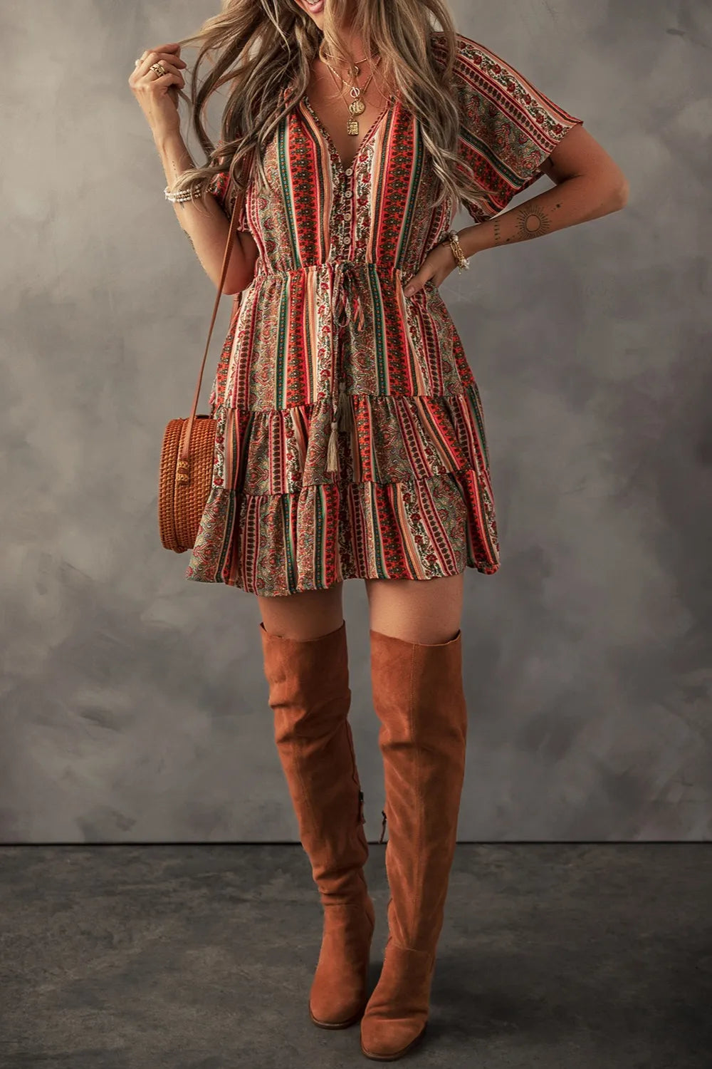 Bohemian Floral Print Buttoned V Neck Ruffle Tiered Dress - Roe Creation