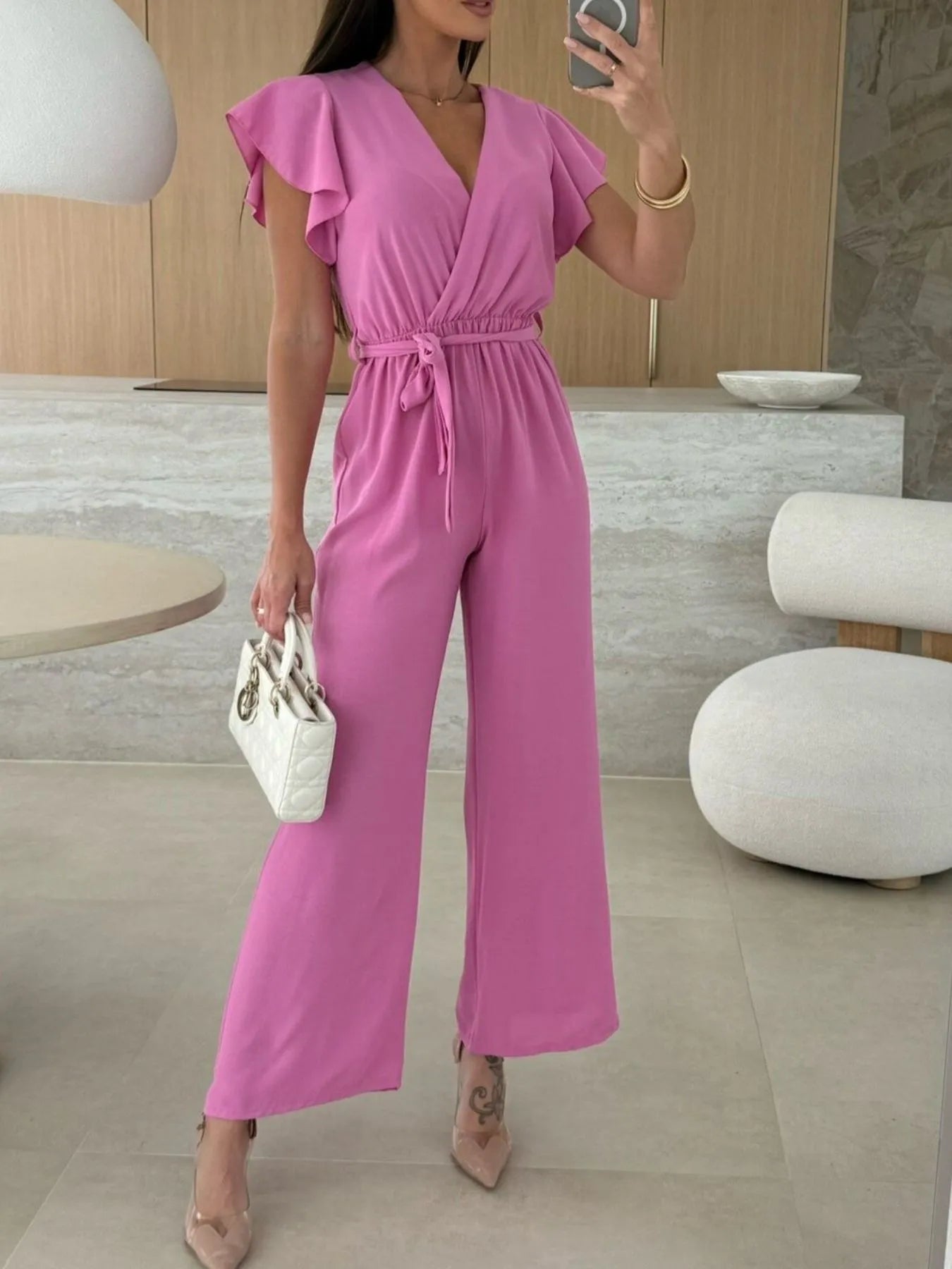 Surplice Wide Leg Belted Jumpsuit - Roe Creation
