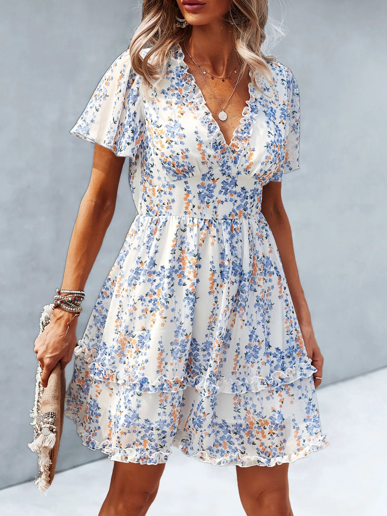 Floral Wrap Dress with Flutter Sleeves - Roe Creation