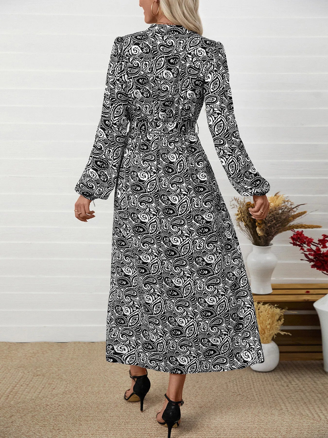 Paisley Print Long Sleeve Midi Dress - Roe Creation