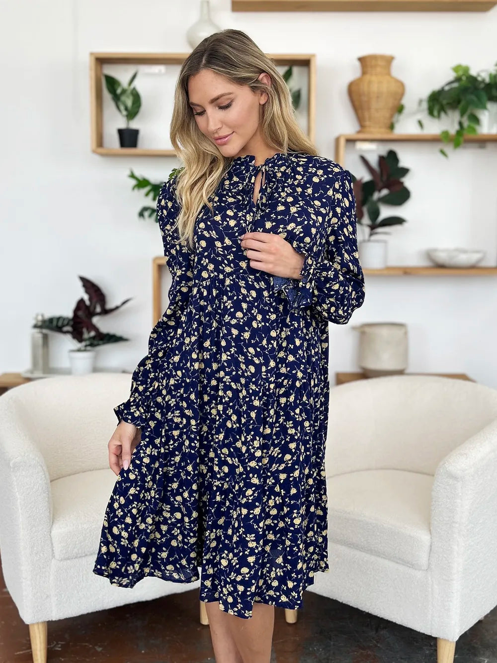 Double Take Full Size Printed Ruffle Hem Long Sleeve Tiered Dress - Roe Creation