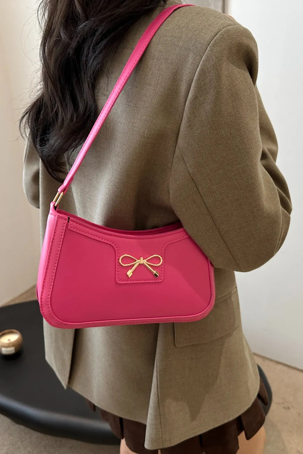 Bow Trim PU Leather Shoulder Bag - Roe Creation