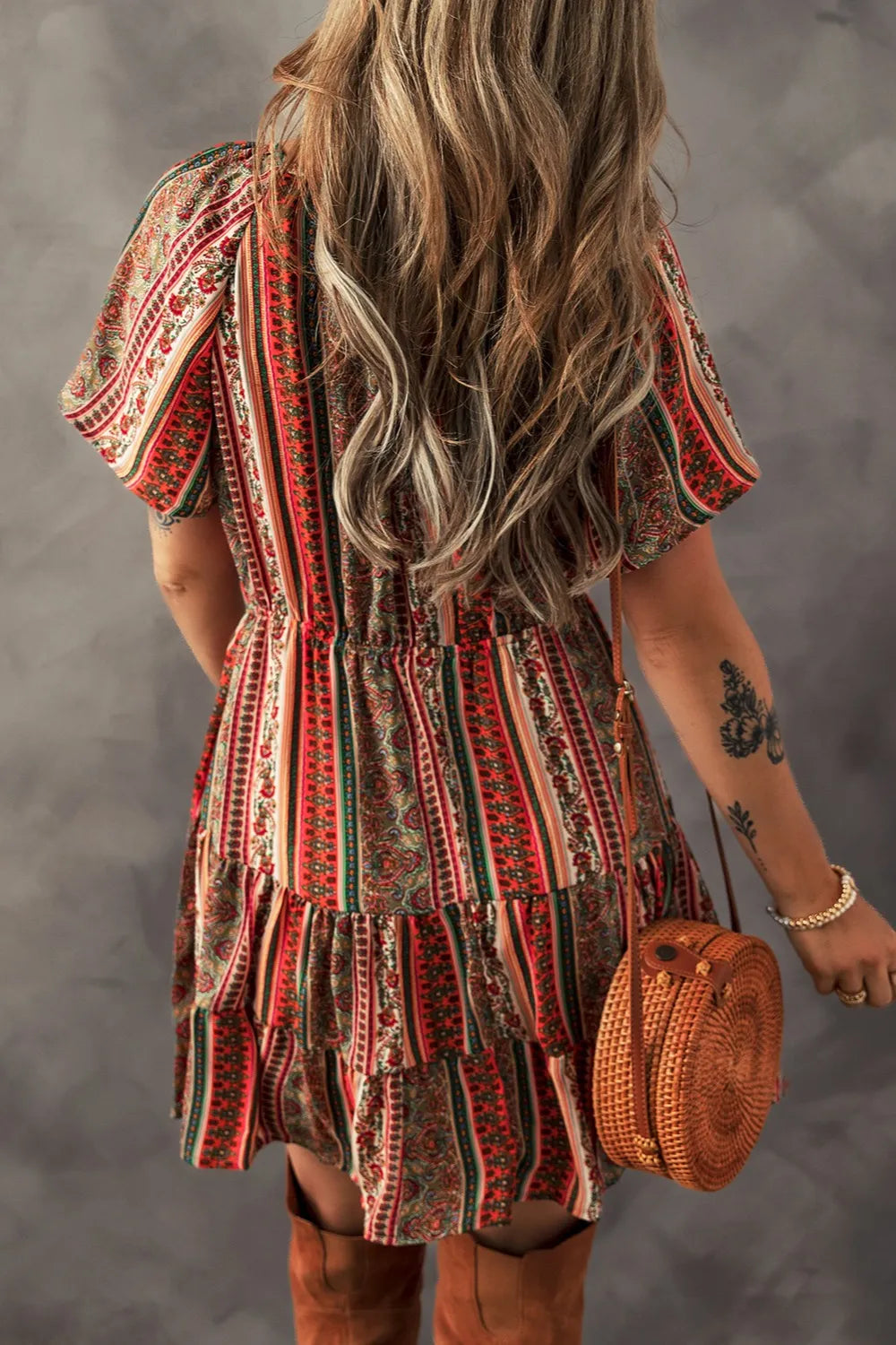 Bohemian Floral Print Buttoned V Neck Ruffle Tiered Dress - Roe Creation
