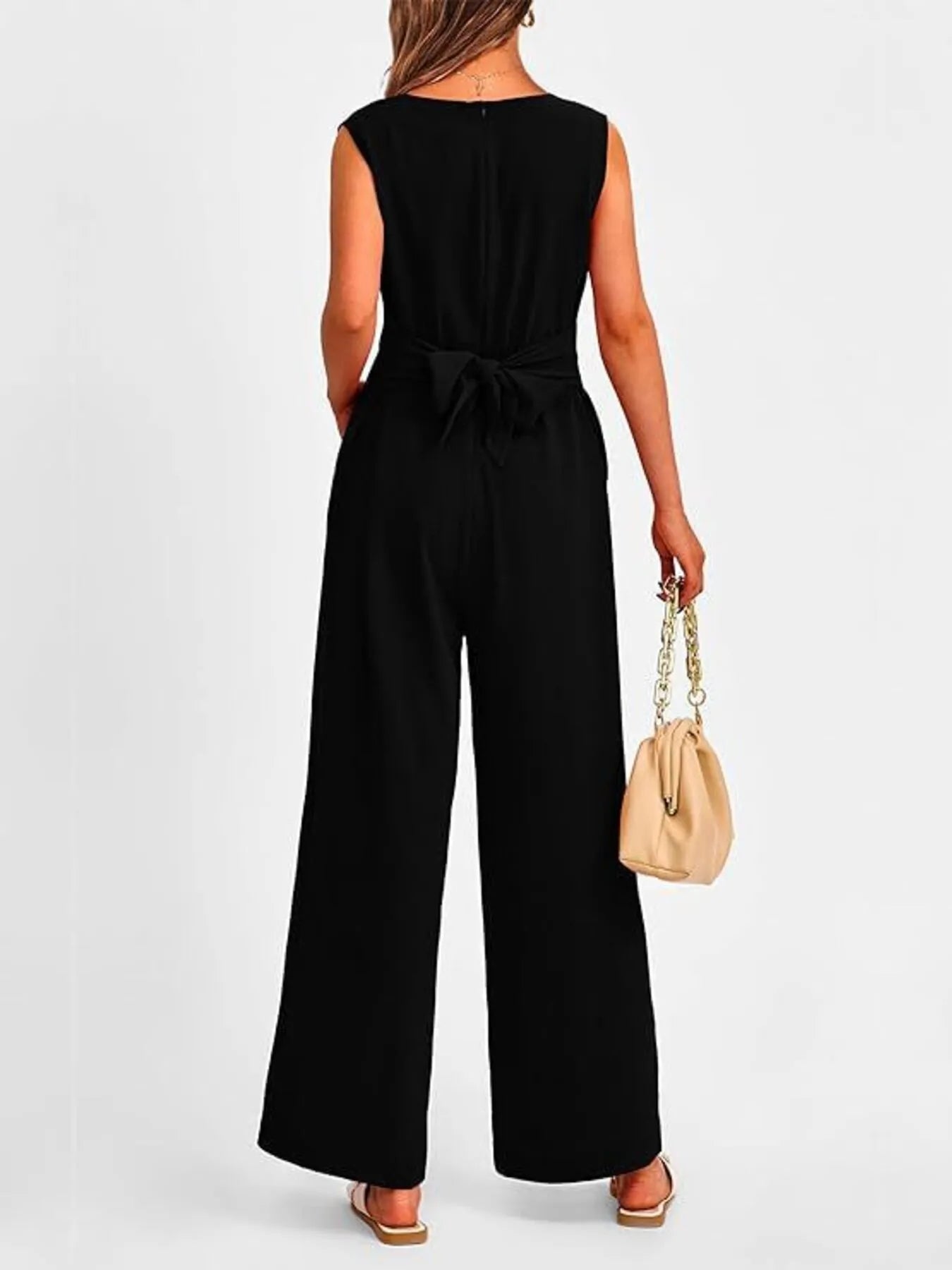 V-Neck Sleeveless Wide-Leg Jumpsuit with Waist Tie - Roe Creation