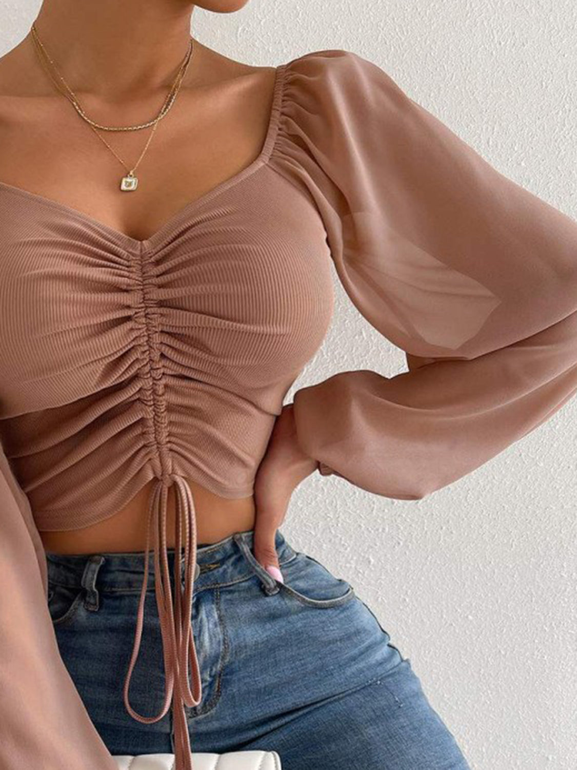 Sweetheart Neck Cropped Top with Drawstring – Trendy Summer Blouse for Women - Roe Creation