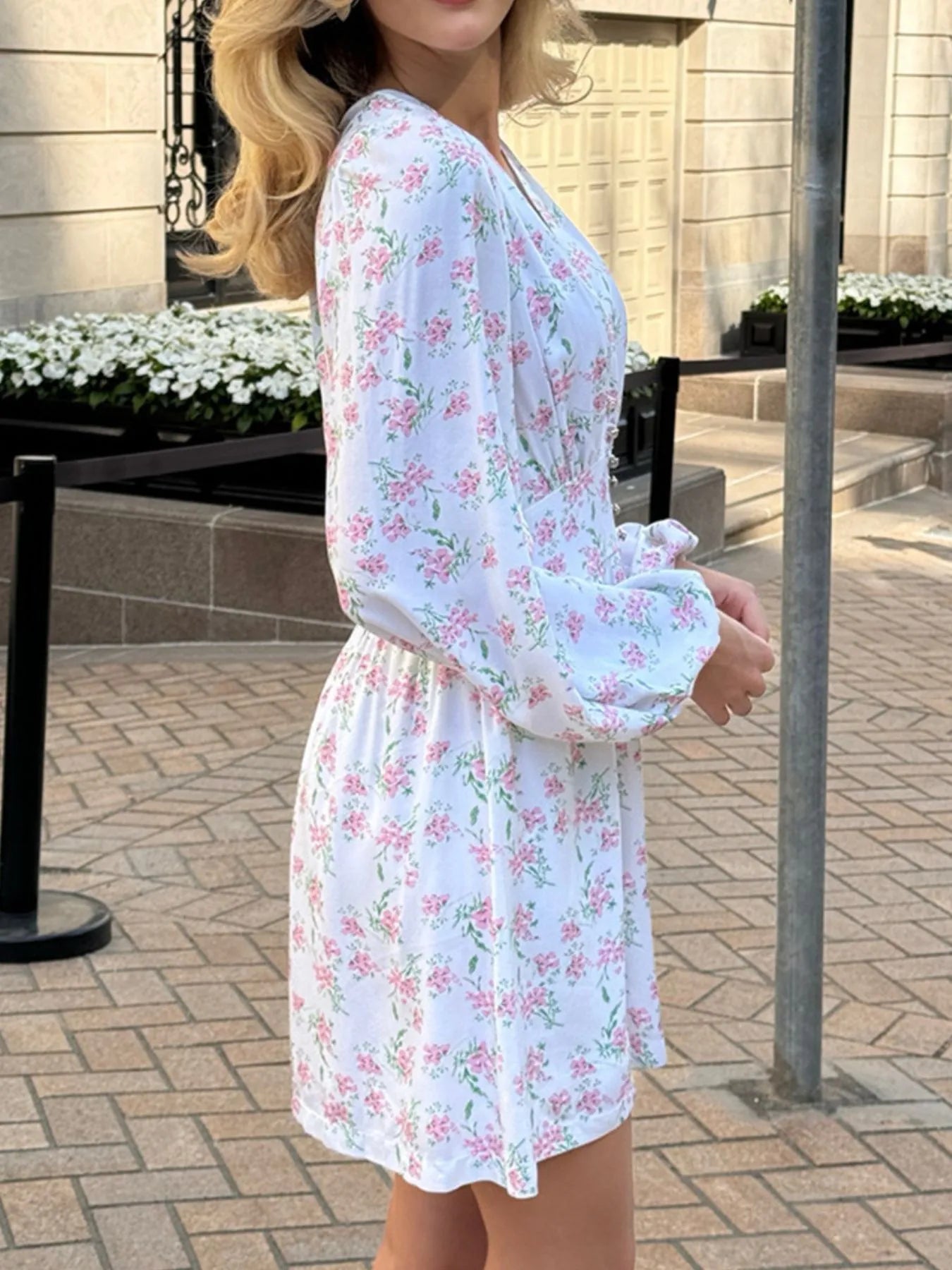 Floral Print Balloon Sleeve Dress - Roe Creation