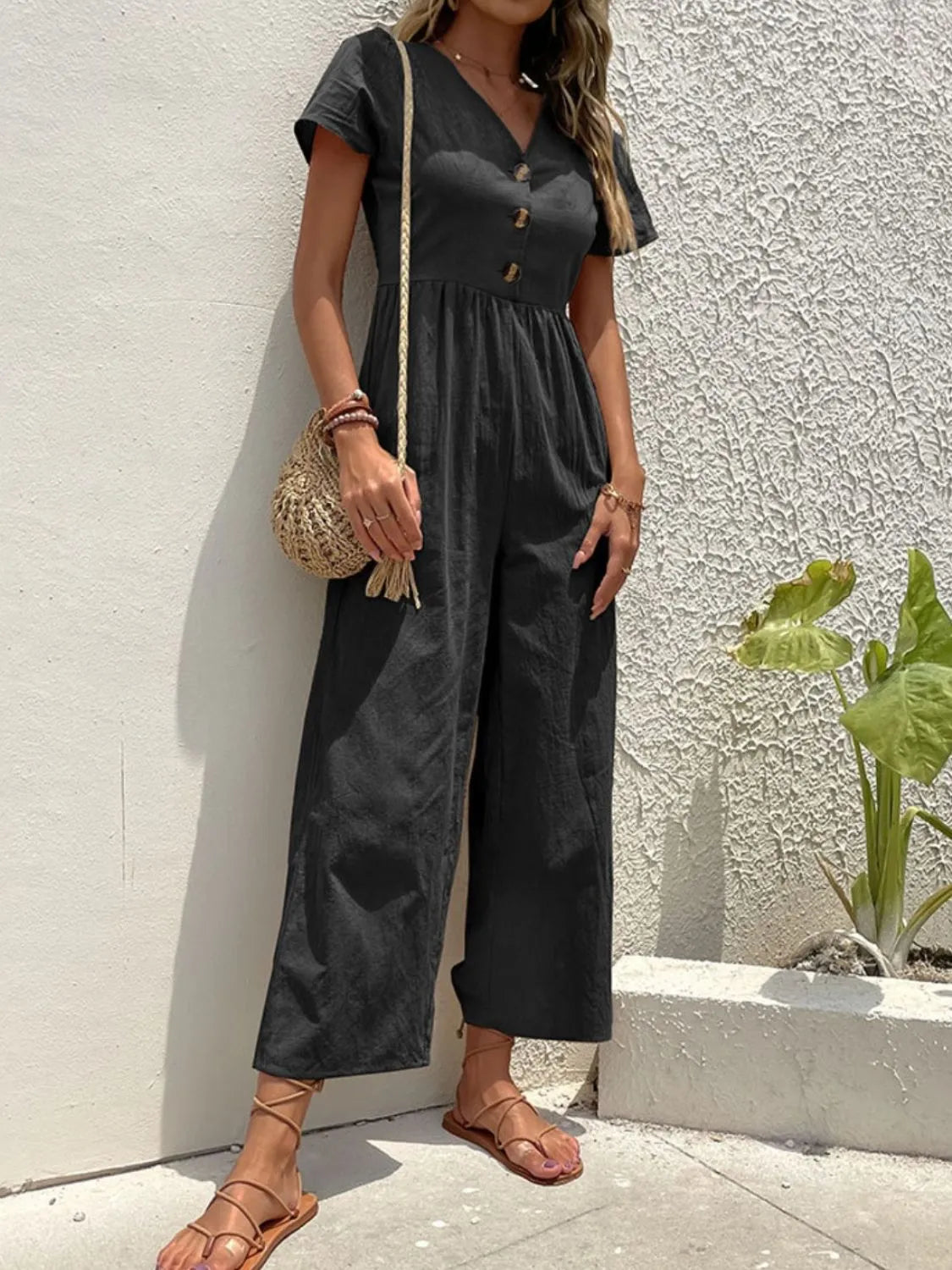 V-Neck Short Sleeve Wide Leg Jumpsuit - Roe Creation