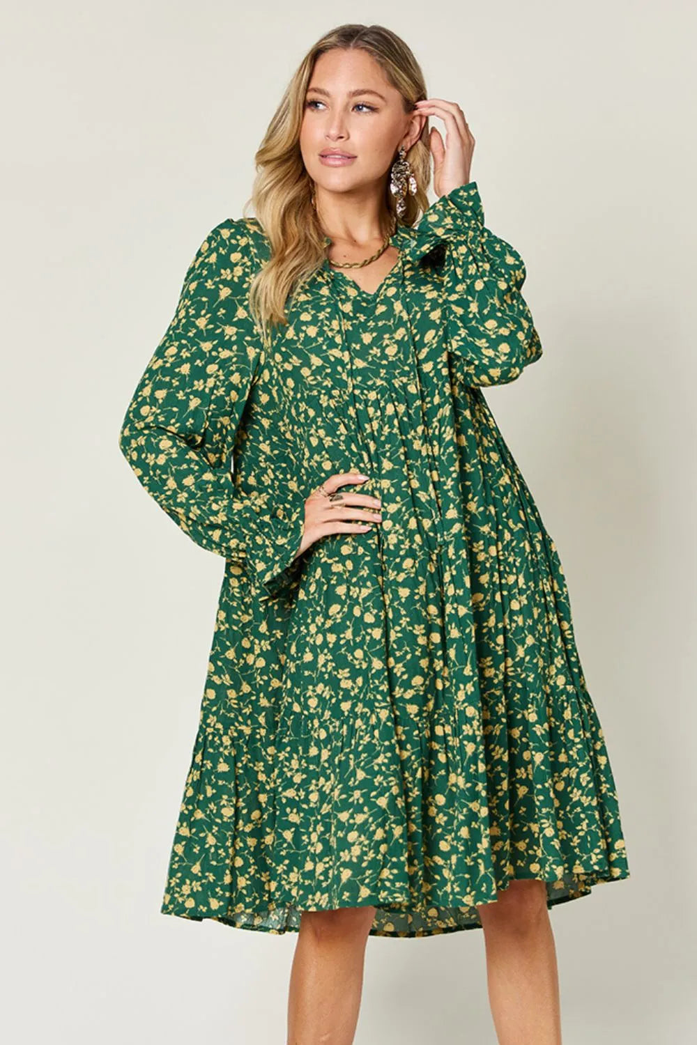 Double Take Full Size Printed Ruffle Hem Long Sleeve Tiered Dress - Roe Creation