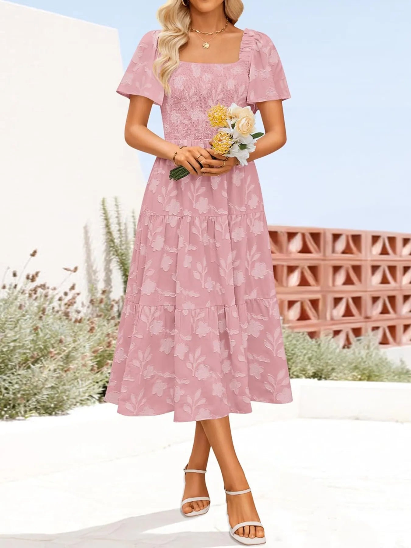 Smocked Square Neck Short Sleeve Dress - Roe Creation