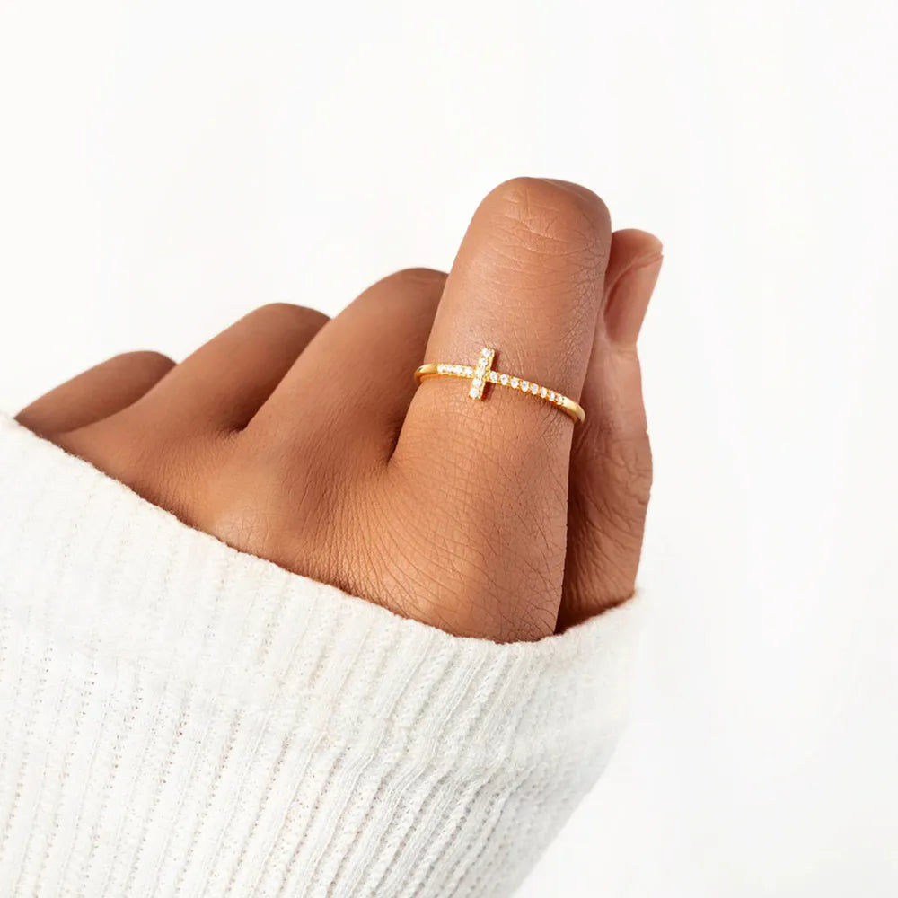 Cross Inlaid Zircon 925 Sterling Silver Ring - Roe Creation