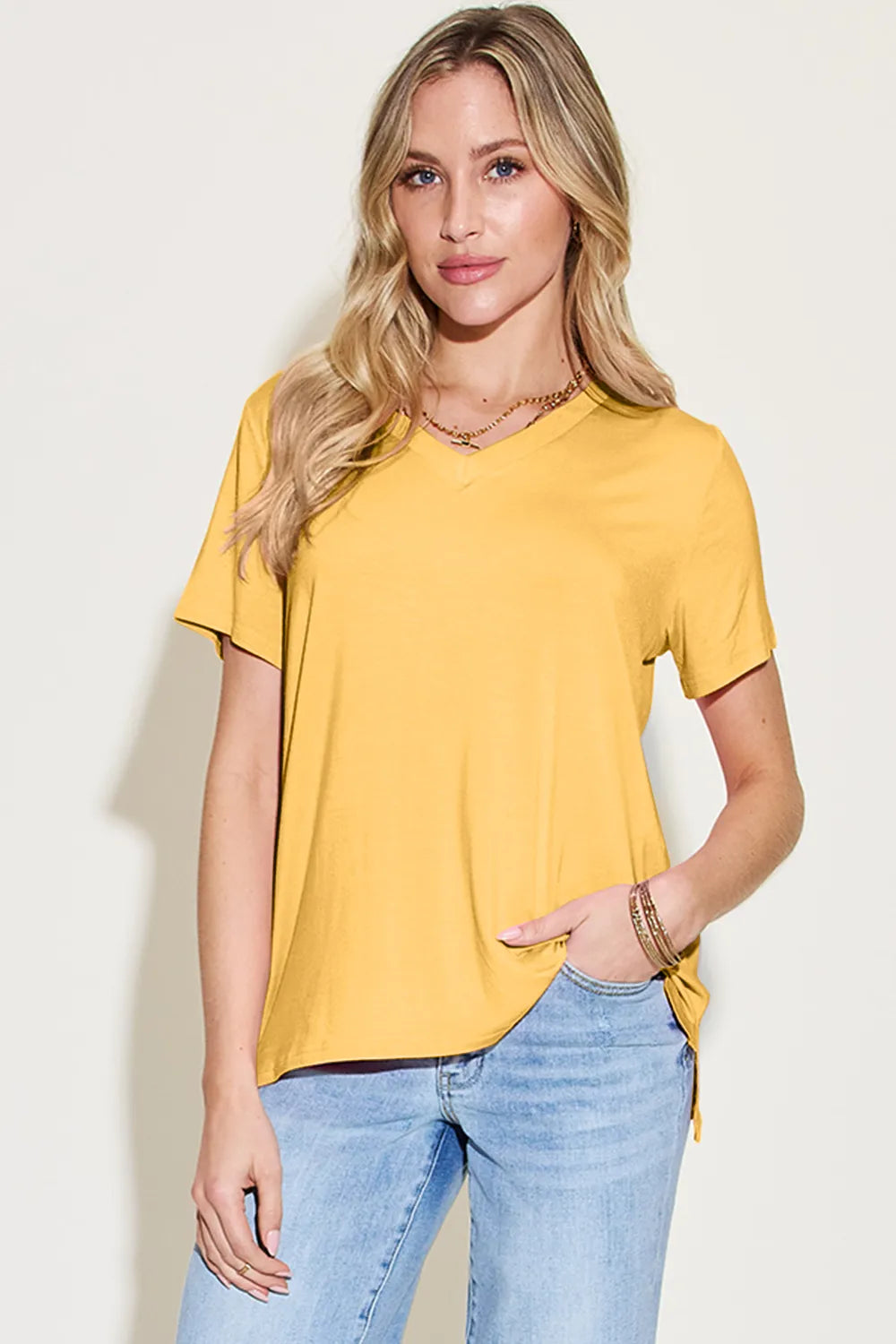 Basic Bae Bamboo Full Size V-Neck High-Low T-Shirt - Roe Creation