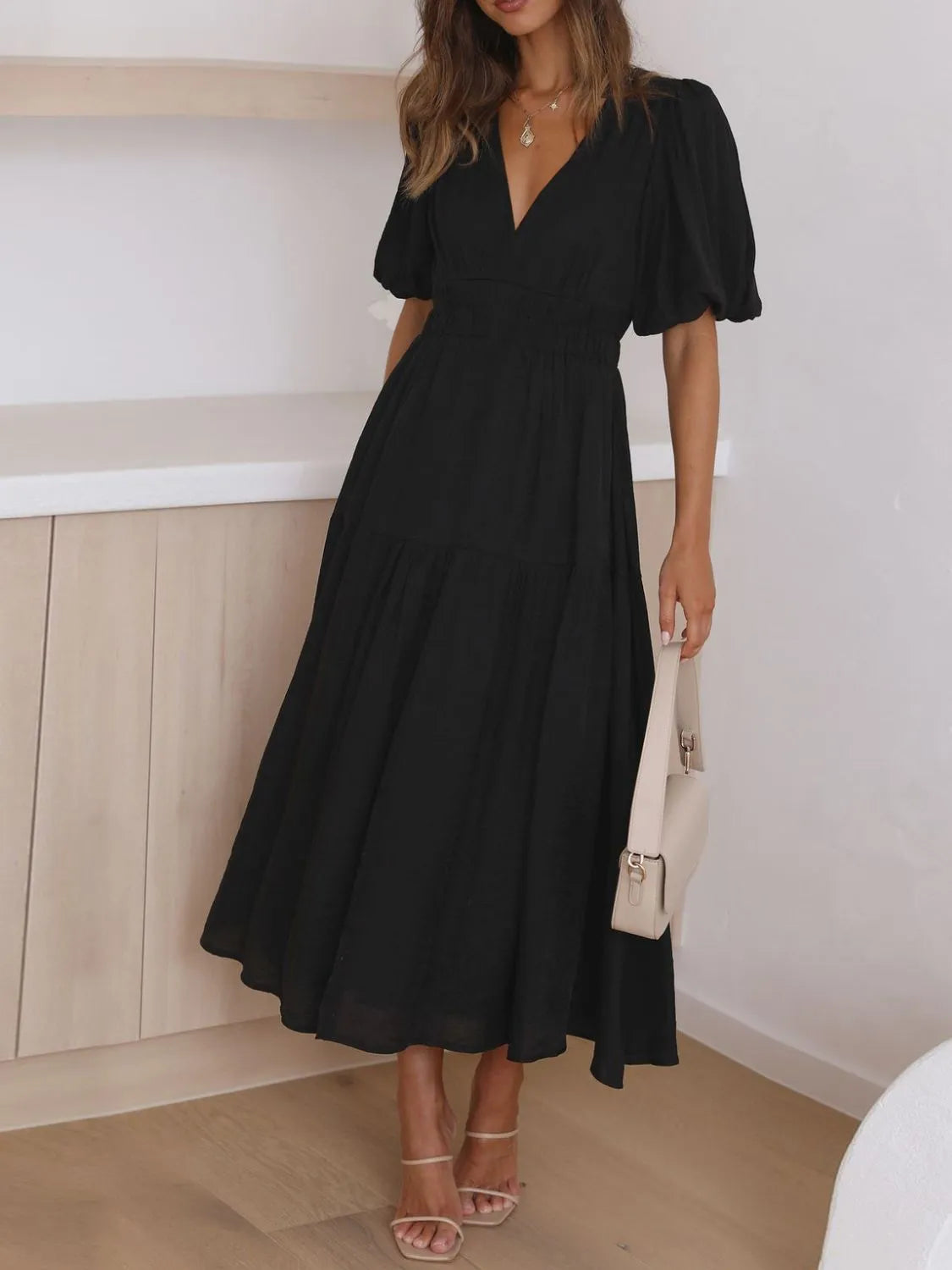 V-Neck Puff Sleeve Midi Dress - Roe Creation