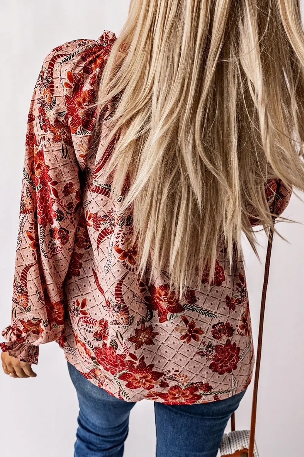 Women’s Floral Tie Neck Blouse with Flounce Sleeves – Elegant Spring Top - Roe Creation